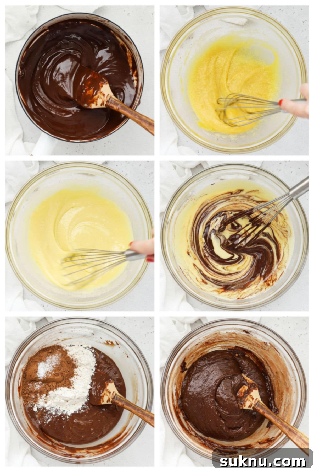 Gluten Free Crunchy Brownies 4 Step-by-step images showing the process of making gluten-free crunch bar brownies, including mixing wet and dry ingredients.