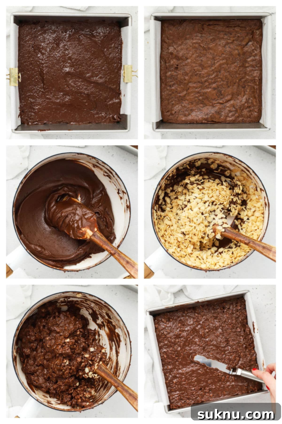 Gluten Free Crunchy Brownies 5 Close-up of the chocolate crunch topping being spread onto the cooled gluten-free brownies in a baking pan.