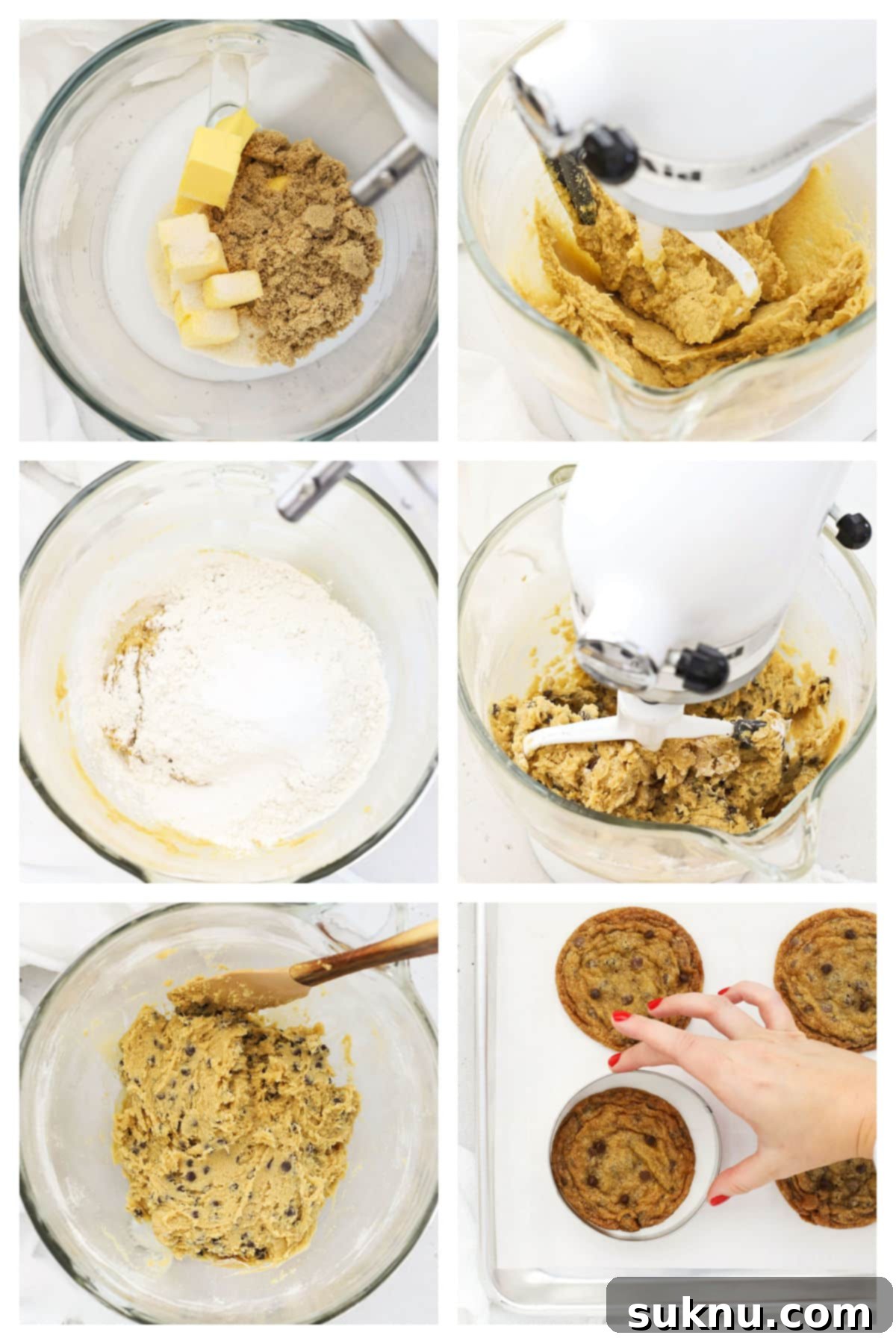 Ultimate Thin and Crispy Gluten-Free Chocolate Chip Cookies 5 Step-by-step process of making crispy gluten-free chocolate chip cookies, showing ingredients mixing