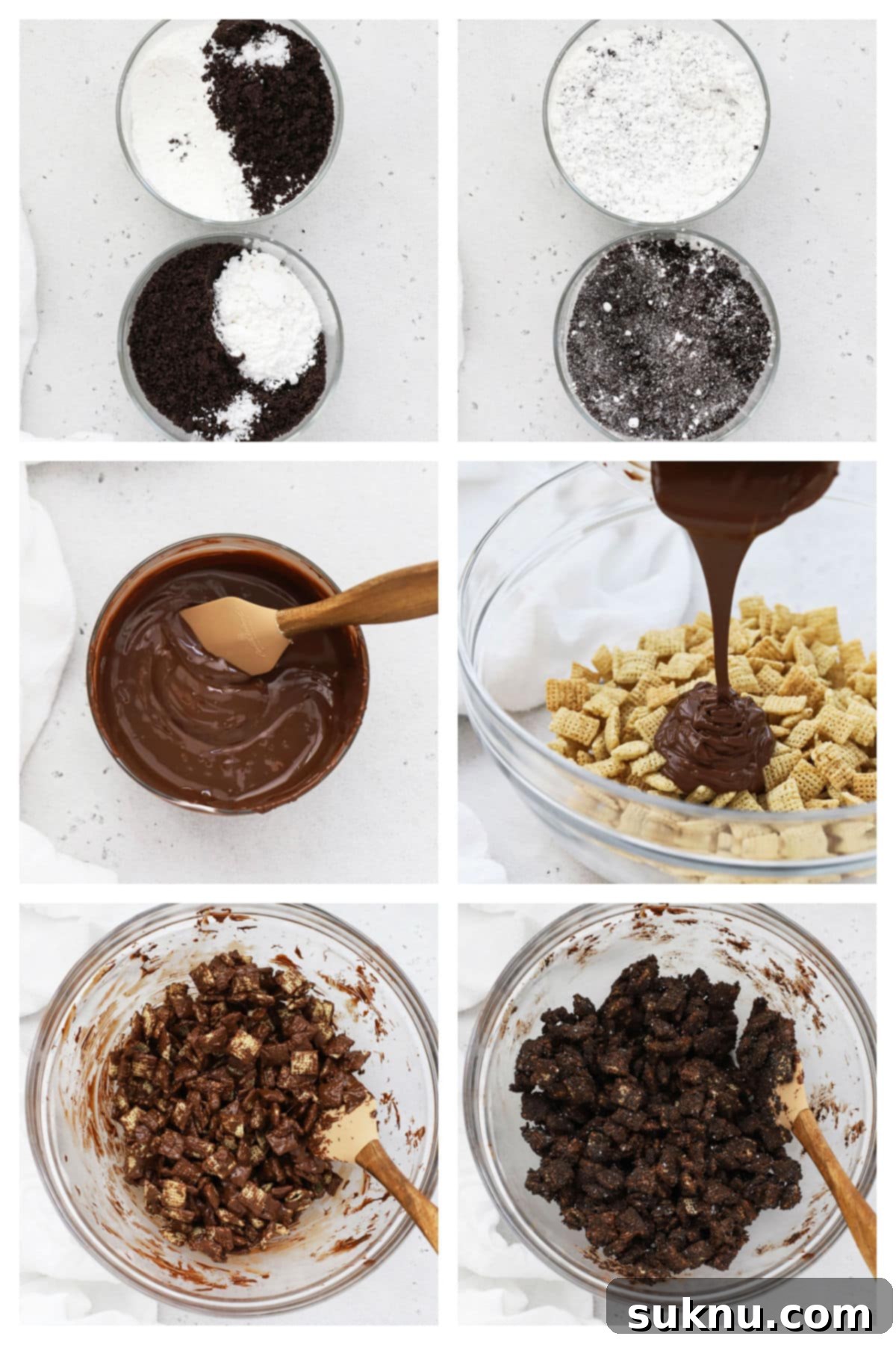 A step-by-step visual guide showing the process of making cookies and cream muddy buddies, including coating cereal with chocolate and white chocolate, and adding cookie crumbs and powdered sugar.