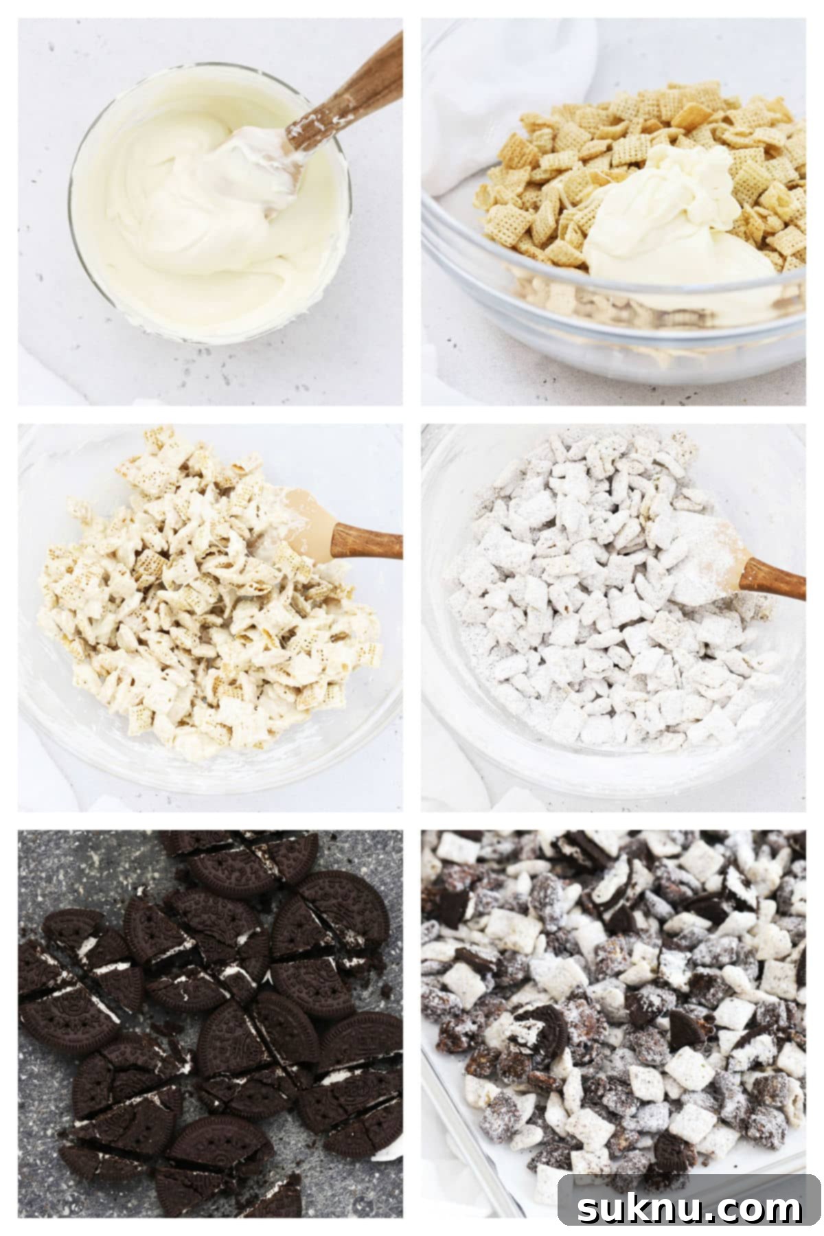 The process of finishing cookies and cream muddy buddies, showing the two separate coated cereal mixes before combining and adding extra chopped Oreos.