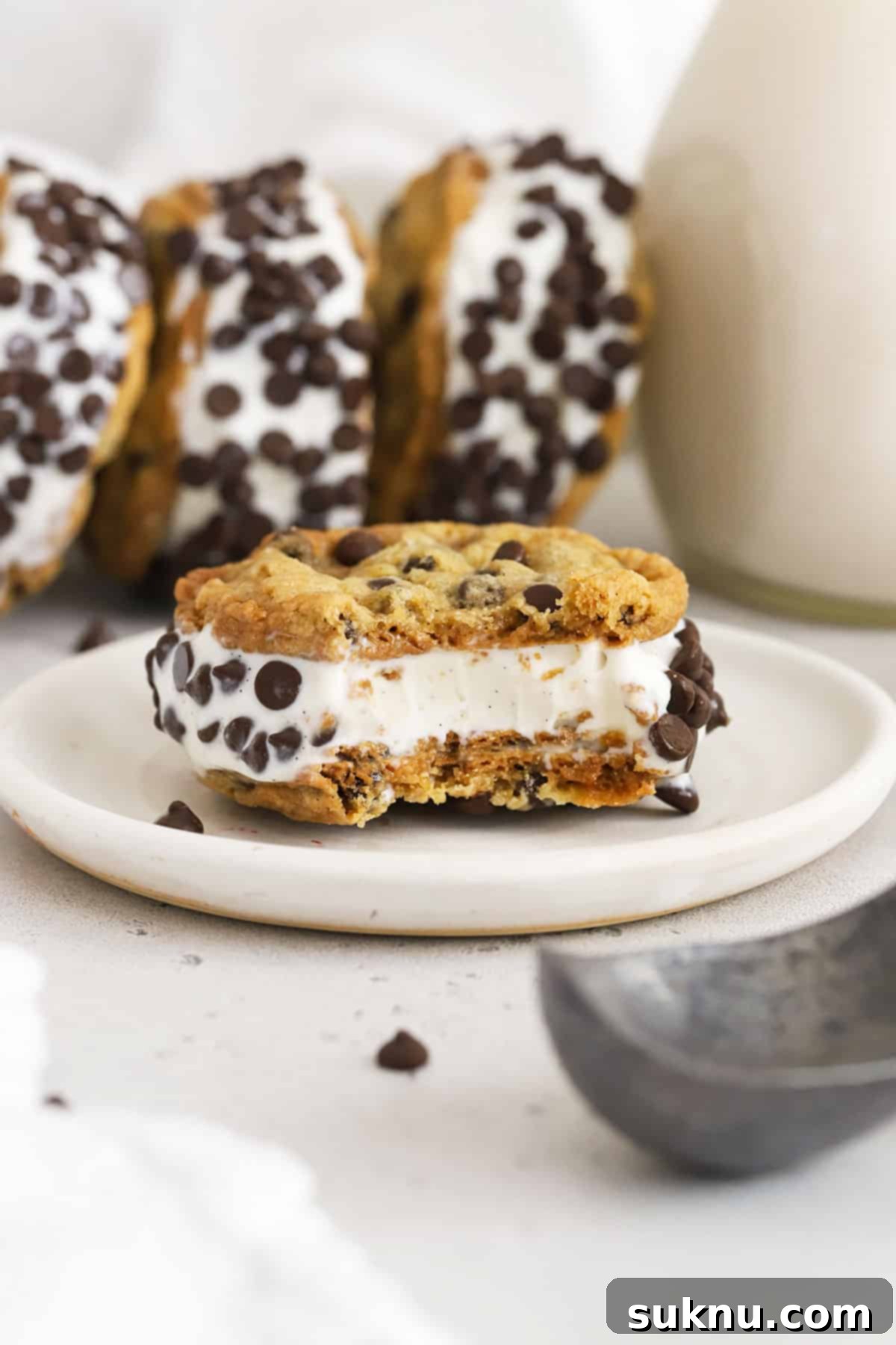 A single gluten-free cookie ice cream sandwich on a white plate, highlighting its perfect construction and inviting texture.