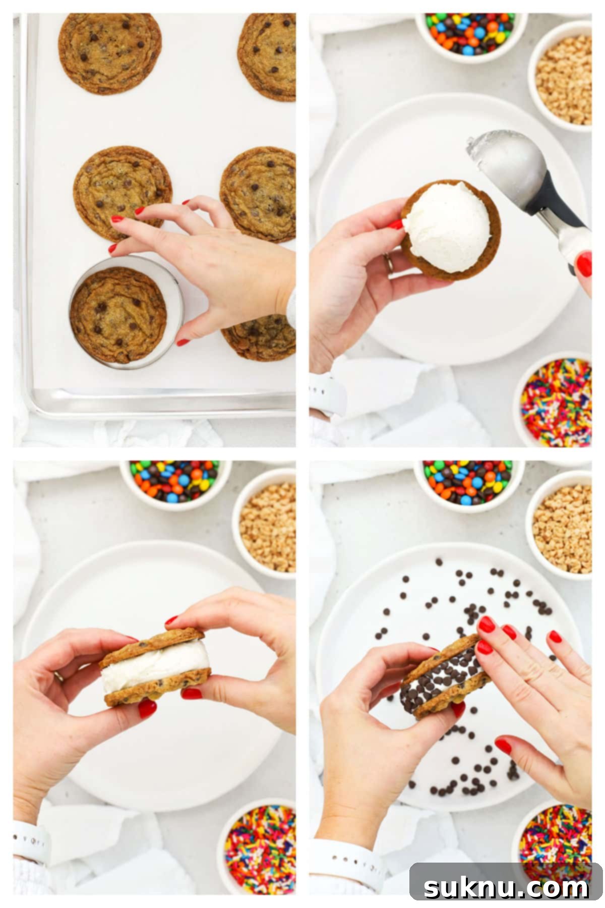 Detailed process of assembling gluten-free cookie ice cream sandwiches, showing cookies, ice cream, and toppings.