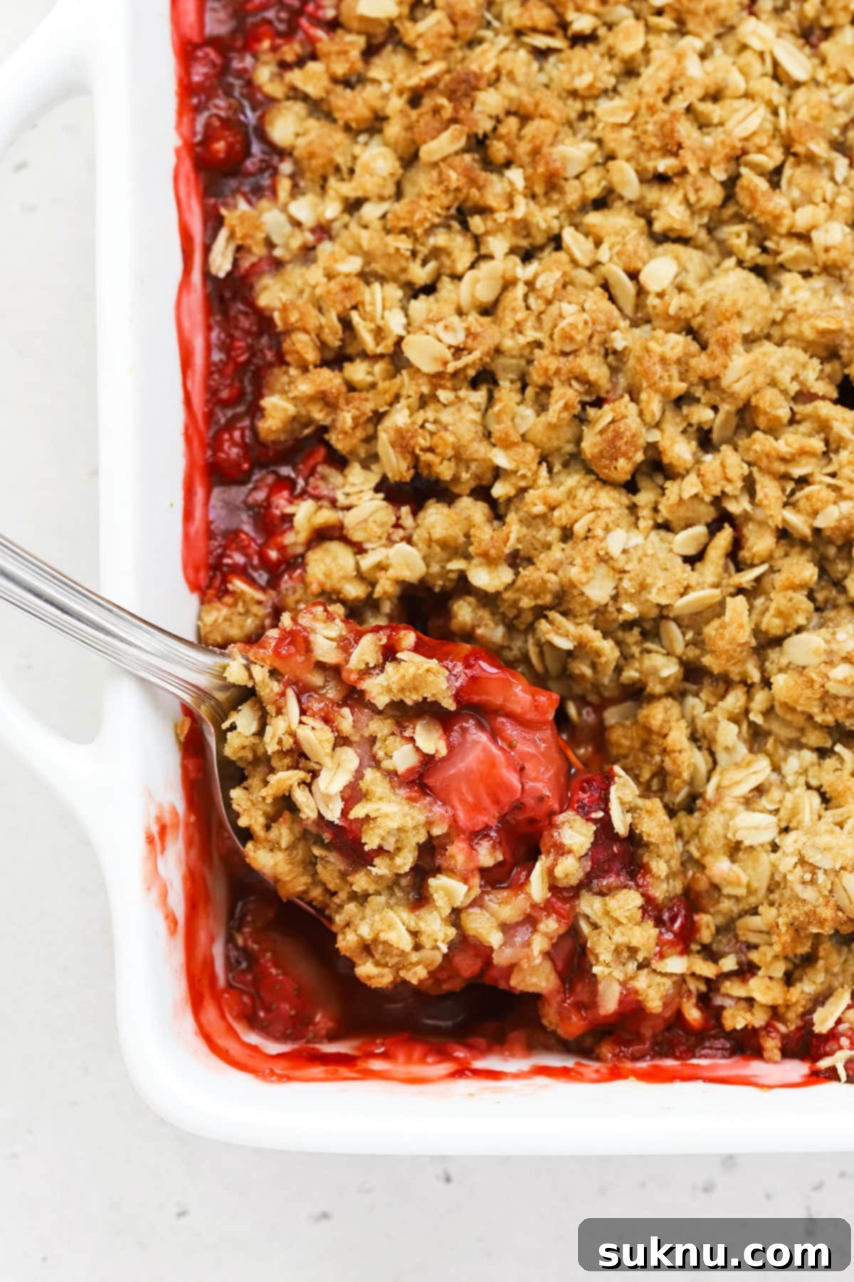 Gluten Free Strawberry Crumble 7 White 8x8 pan of gluten-free strawberry crisp