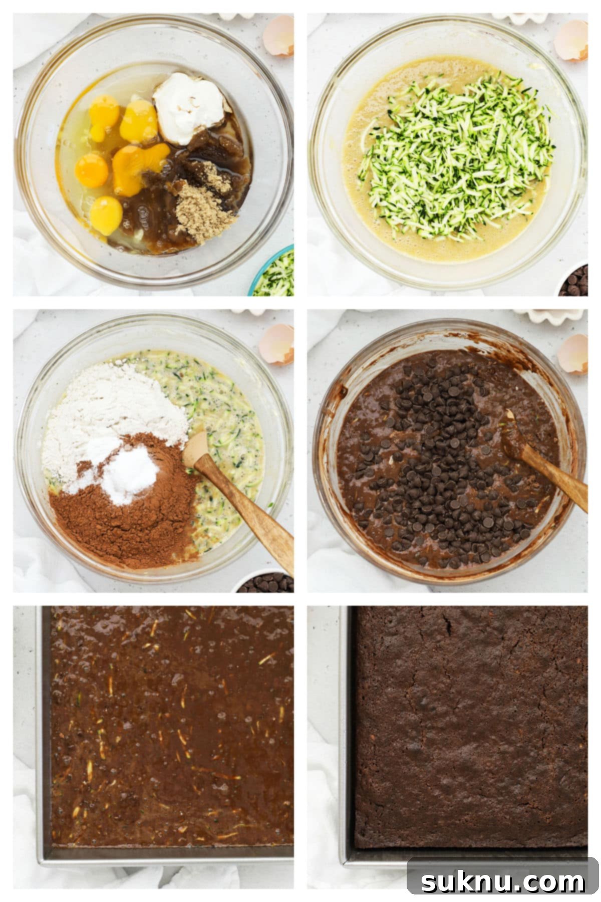 Step-by-step images of making gluten-free chocolate zucchini cake batter, showing wet and dry ingredients combined.