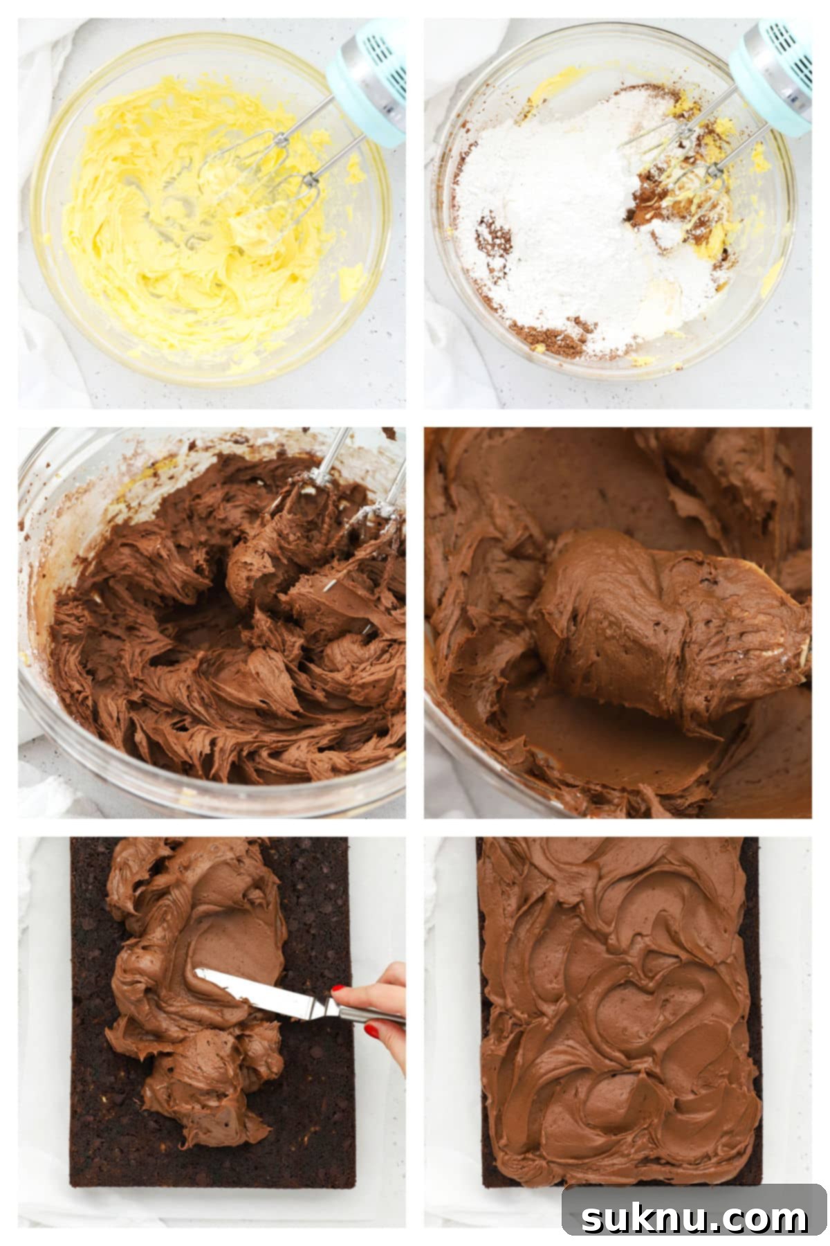 A hand mixing chocolate frosting in a bowl with a hand mixer, demonstrating the frosting preparation process.