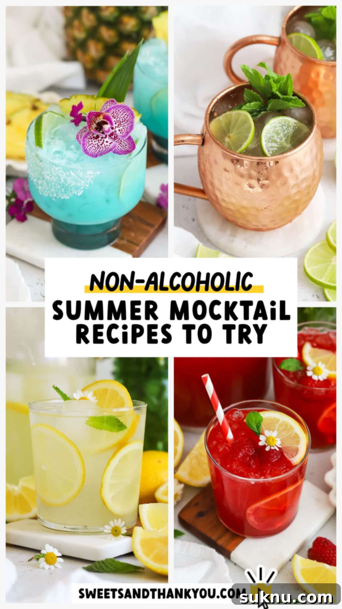Collage of 4 colorful summer mocktail recipes, perfect for cooling off.