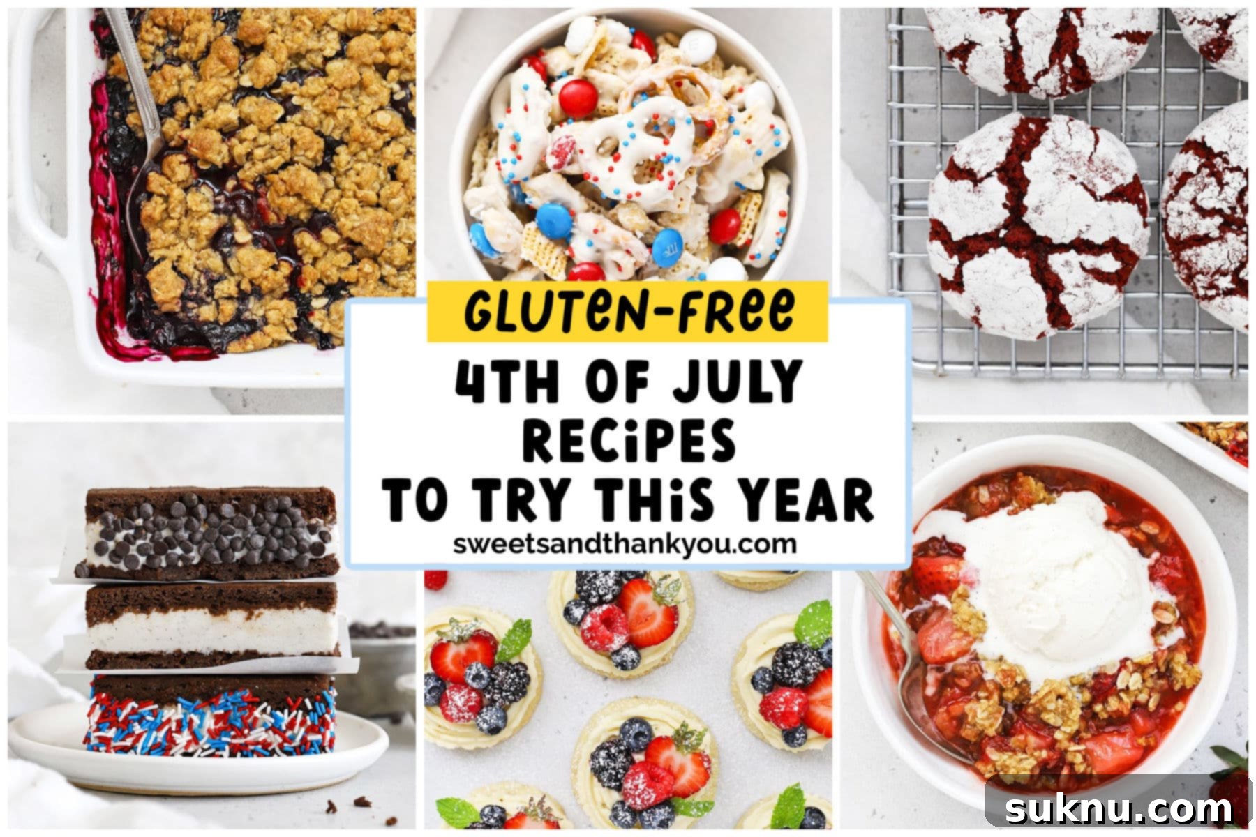 A final collage showcasing a variety of patriotic red, white, and blue gluten-free 4th of July desserts, including pies, cookies, and fruit dishes.