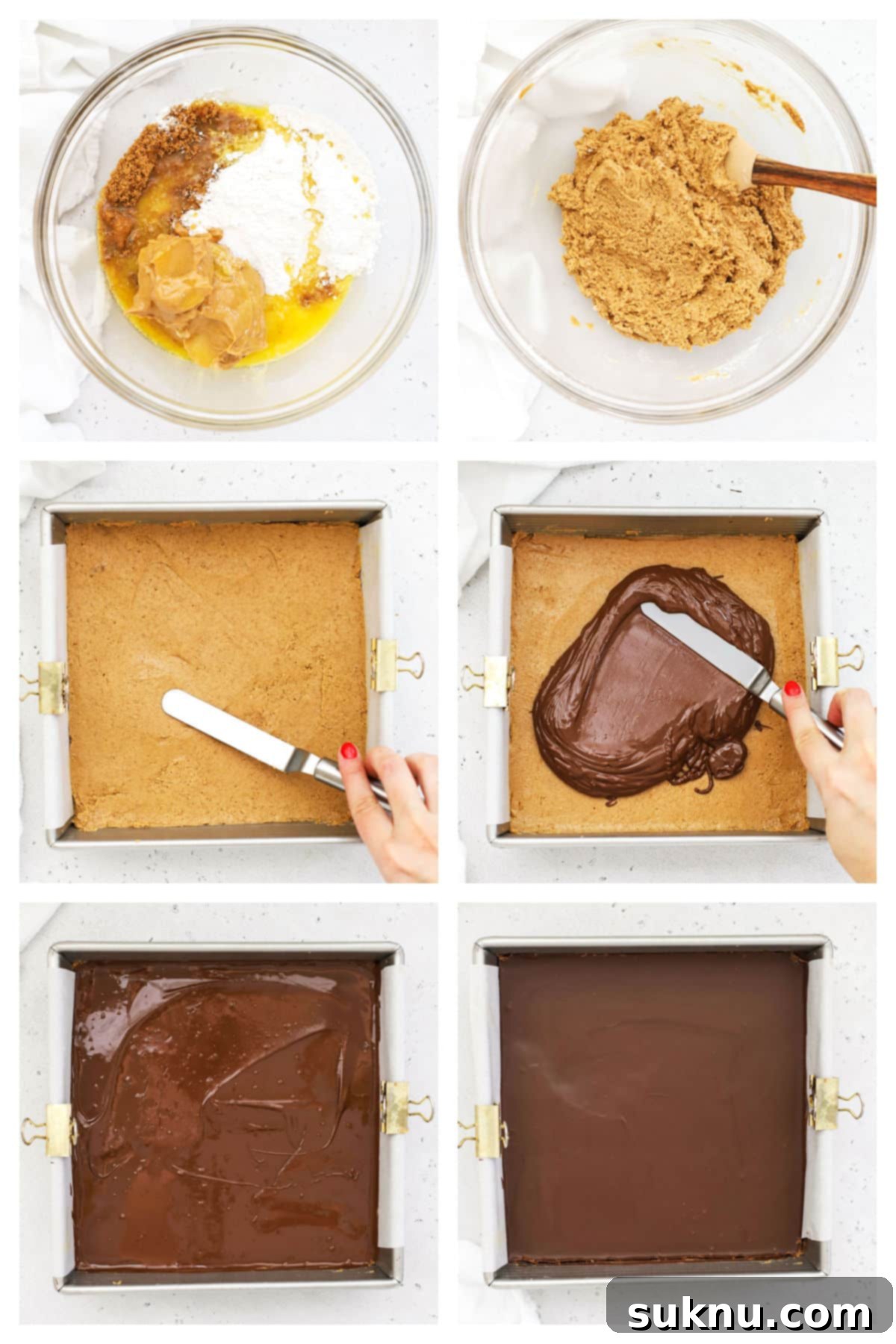Step-by-step process of making gluten-free peanut butter bars, showing mixture and spreading