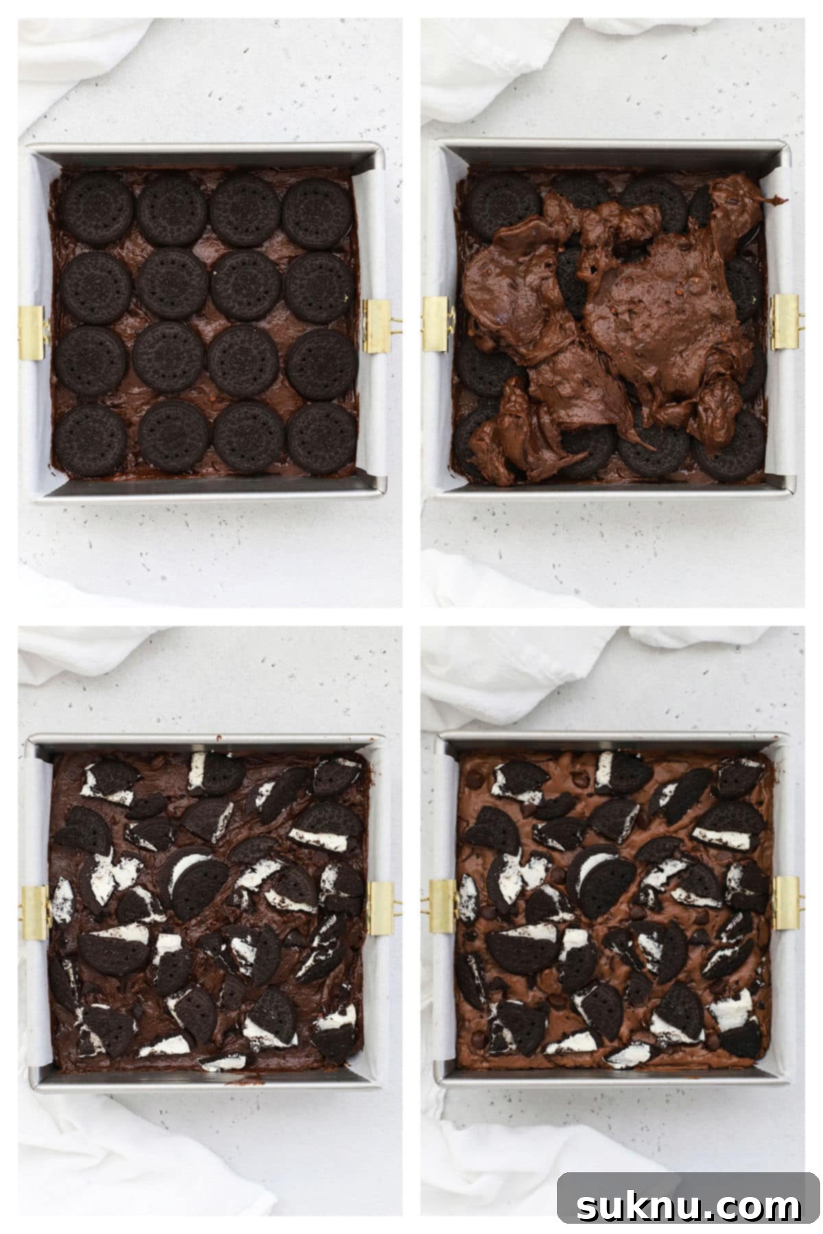 Step-by-step assembly of gluten-free Oreo brownies, showing the layer of whole Oreos being placed on top of the first layer of brownie batter.