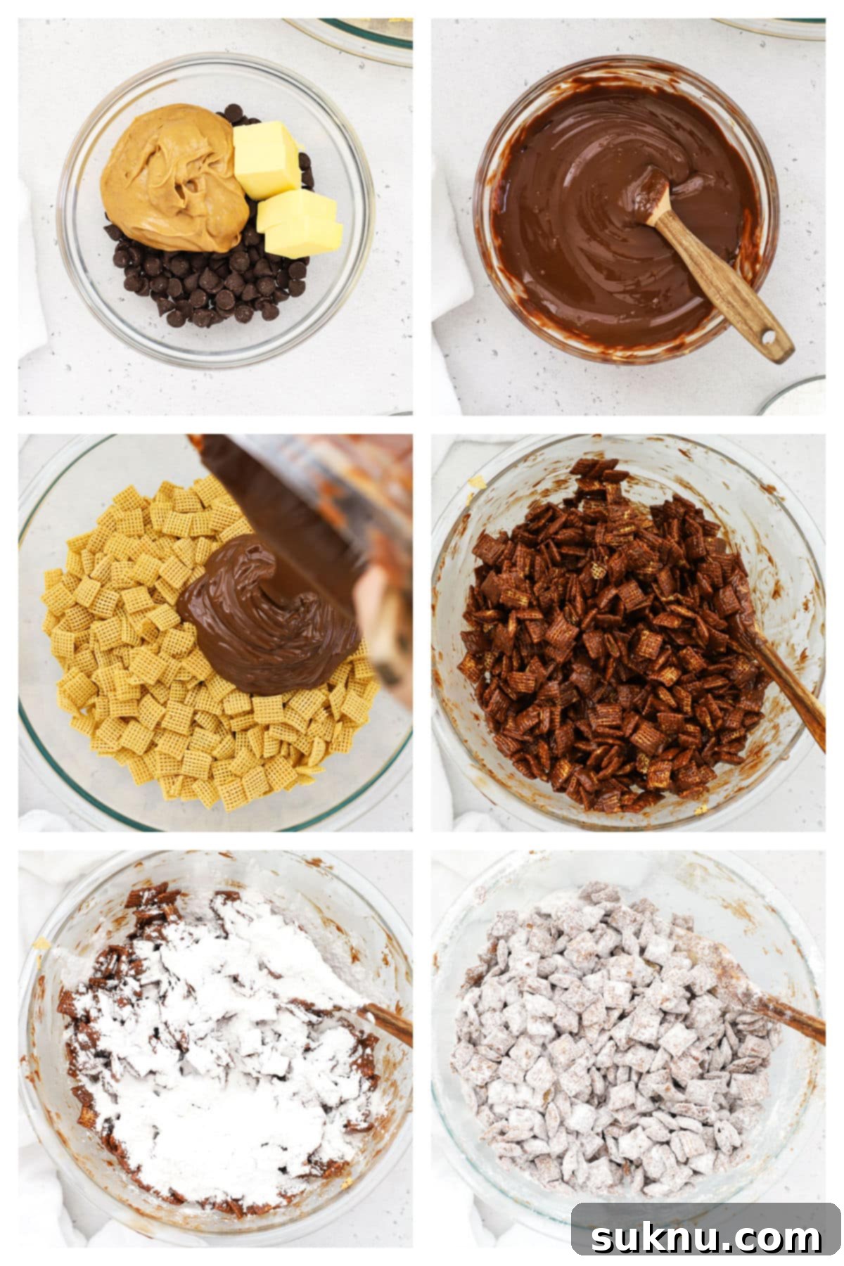 A step-by-step visual guide showing the process of making gluten-free muddy buddies, from mixing to coating.