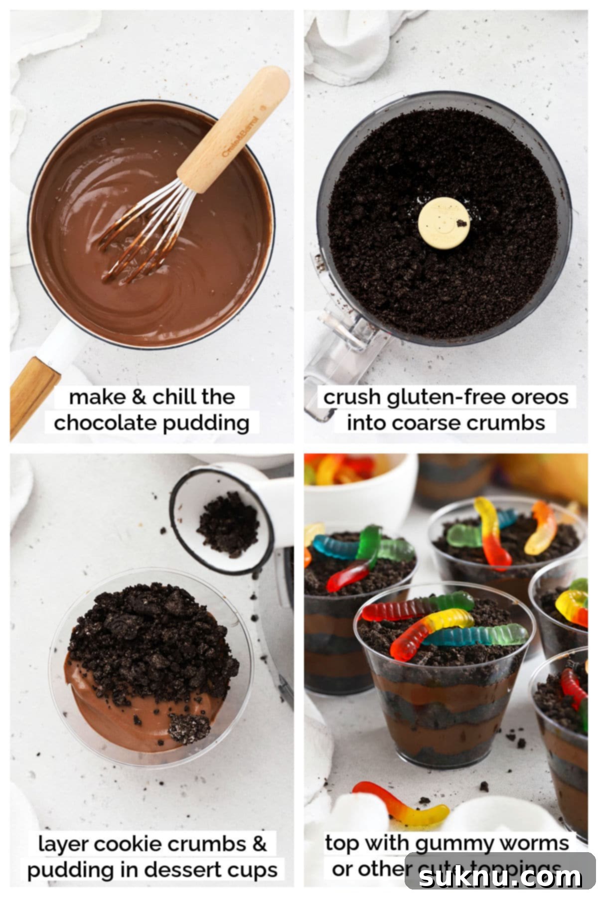 A visual guide showing the process of making homemade gluten-free chocolate pudding, from combining dry ingredients to the final whisking on the stove for thickening.