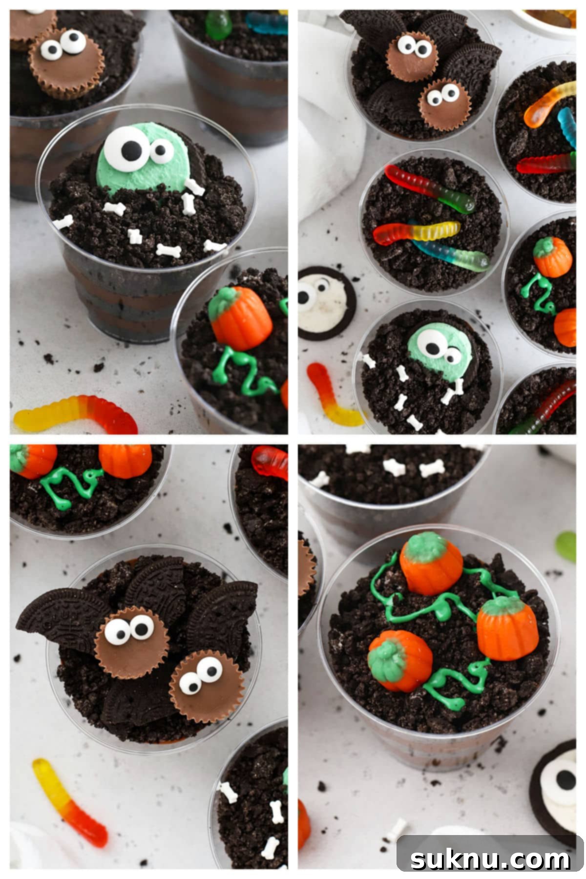 An array of four gluten-free Halloween dirt pudding cups, creatively decorated with ghost, pumpkin patch, and monster themes, perfect for spooky celebrations.