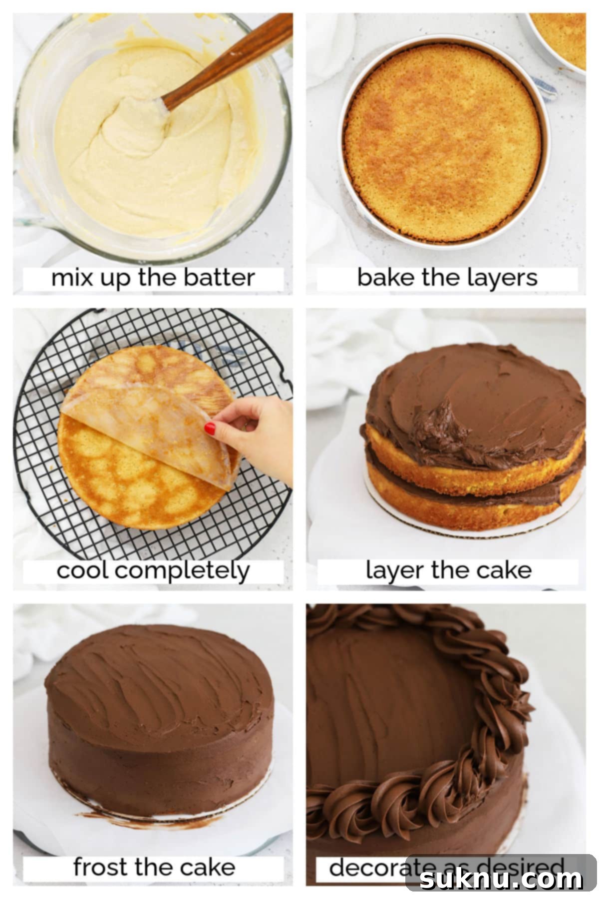 Classic Gluten-Free Yellow Birthday Cake 4 Layering a gluten-free birthday cake with chocolate frosting