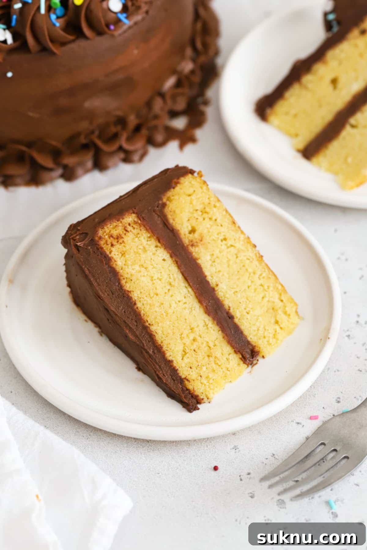 Classic Gluten-Free Yellow Birthday Cake 8 Slices of gluten-free yellow cake with chocolate frosting on white plates