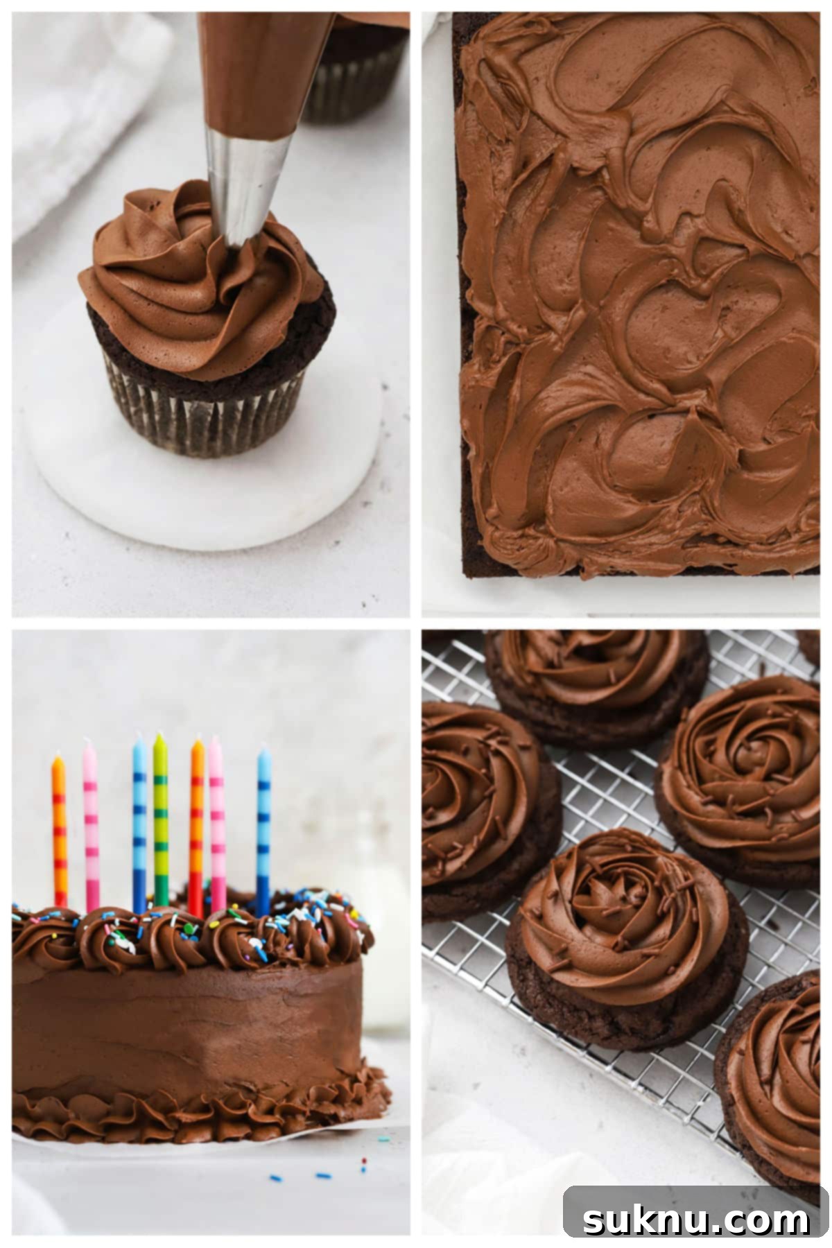 Decadent Gluten-Free Chocolate Buttercream 7 homemade chocolate frosting on a cupcake, sheet cake, layer cake, and chocolate cookies.