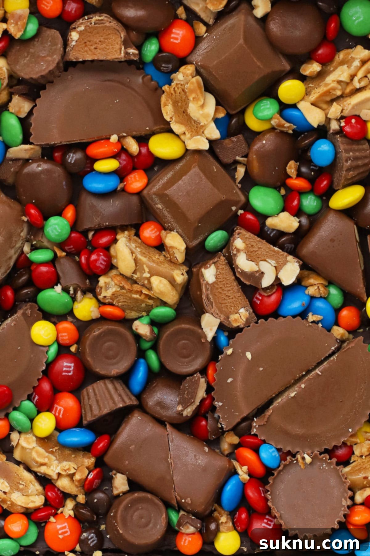 Gluten-Free Candy Cookie Dream Bars 4 close up view of gluten-free halloween candy cookie bars topped with leftover candy