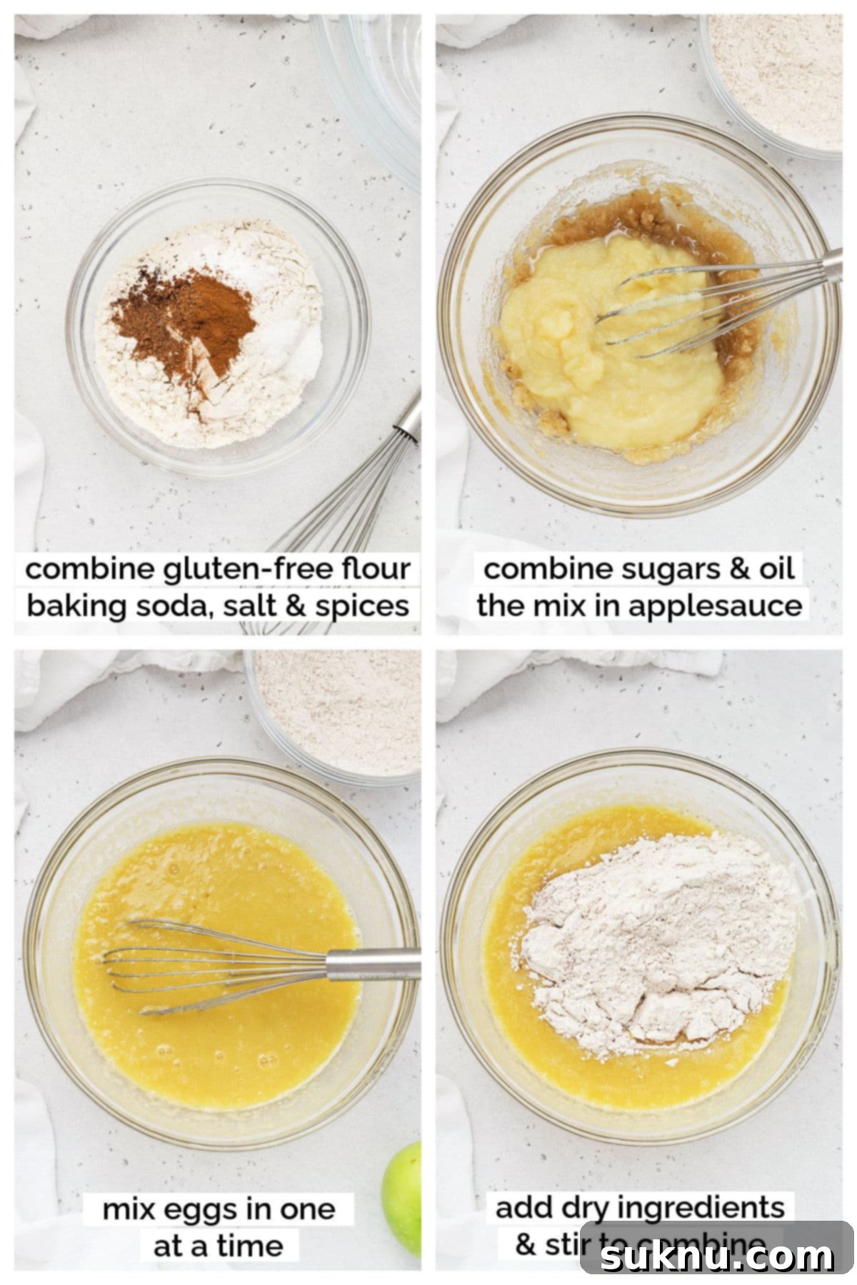 A step-by-step photo showing the mixing of dry ingredients for gluten-free applesauce muffins.