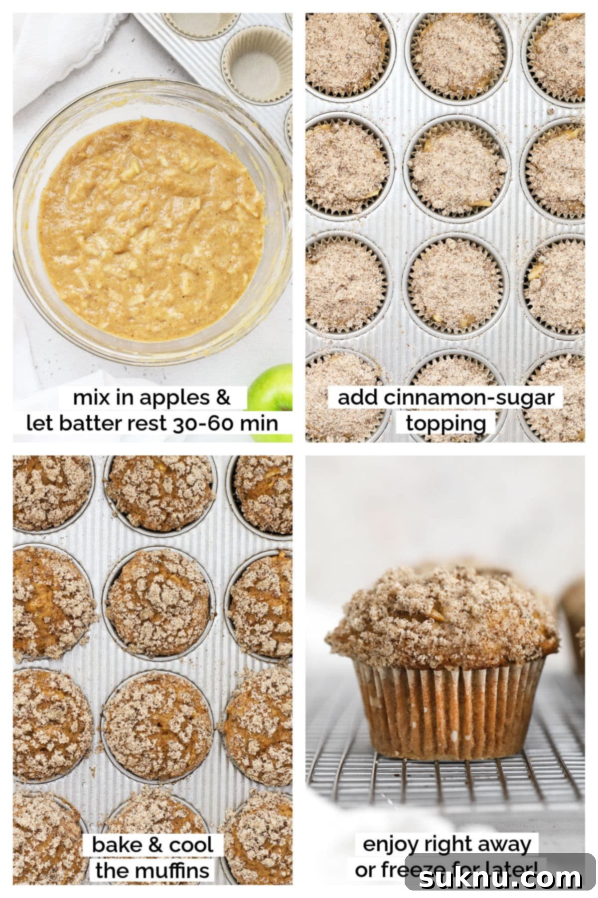 A step-by-step photo showing the finished batter being scooped into muffin liners for gluten-free apple muffins.