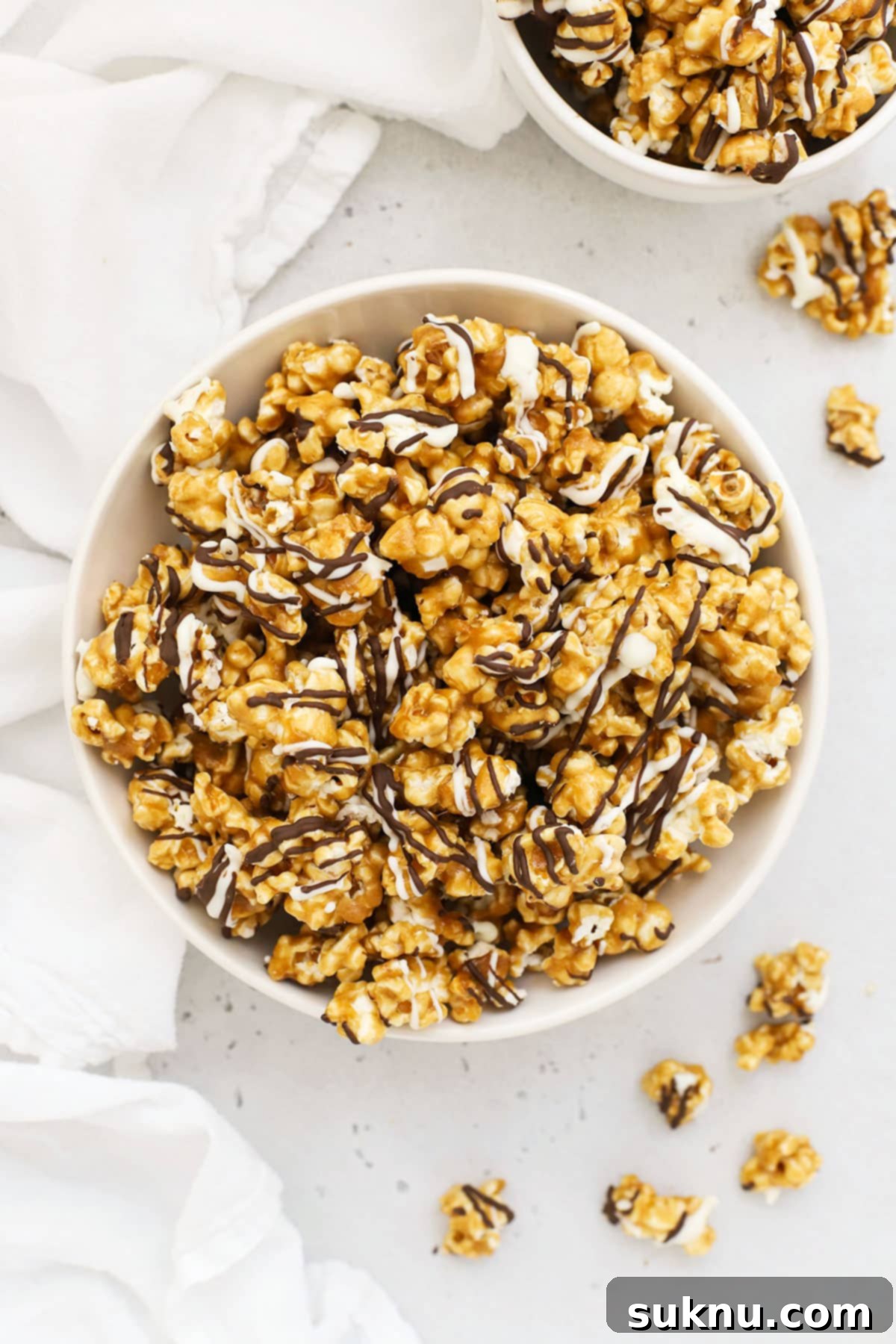 Swirled Zebra Popcorn 6 top view of a large bowl of zebra caramel corn