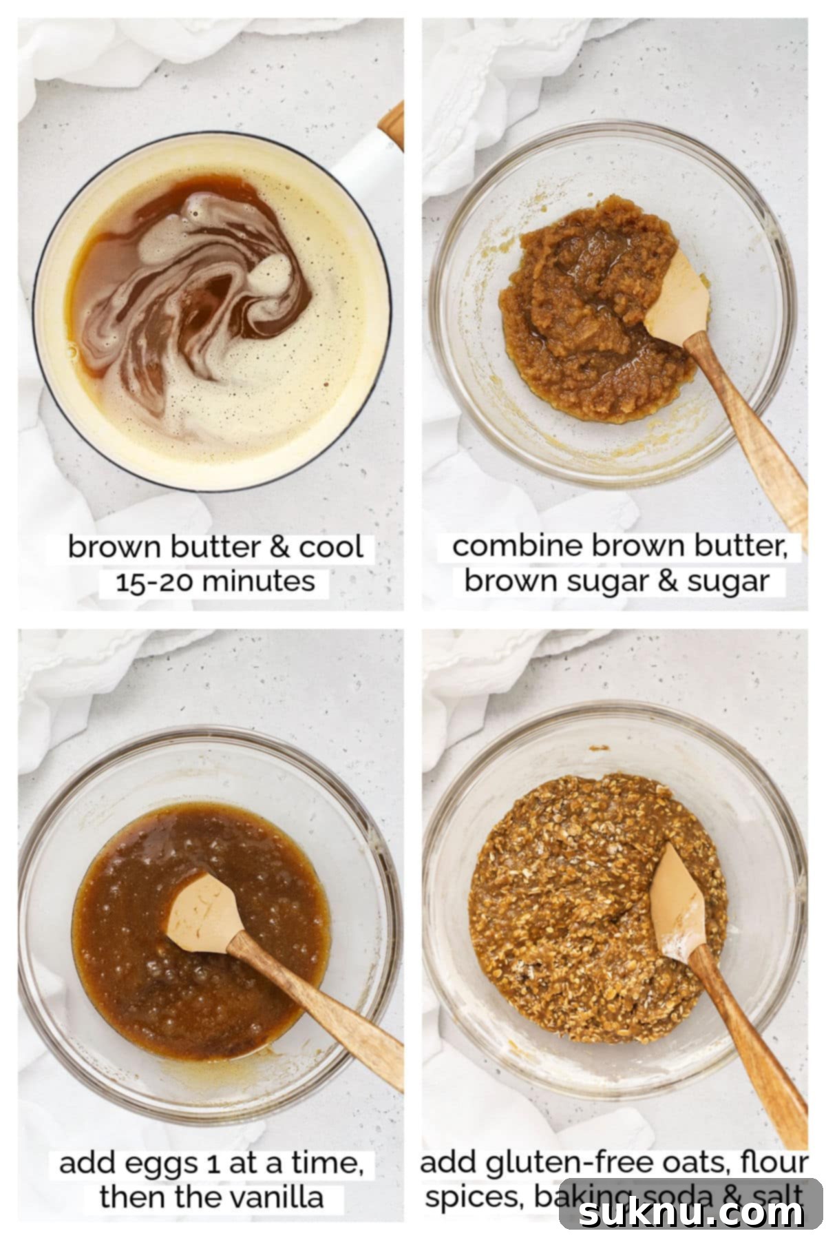 Step-by-step process of making gluten-free brown butter oatmeal cookies