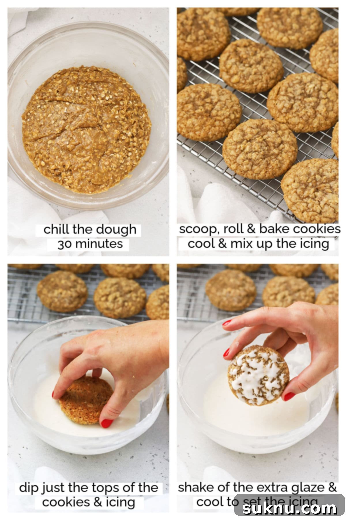 Step-by-step process of icing gluten-free oatmeal cookies