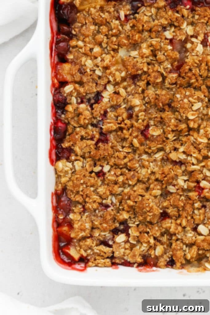 Decadent Gluten-Free Caramel Apple Crisp 11 Pan of bubbling gluten-free apple cranberry crisp.