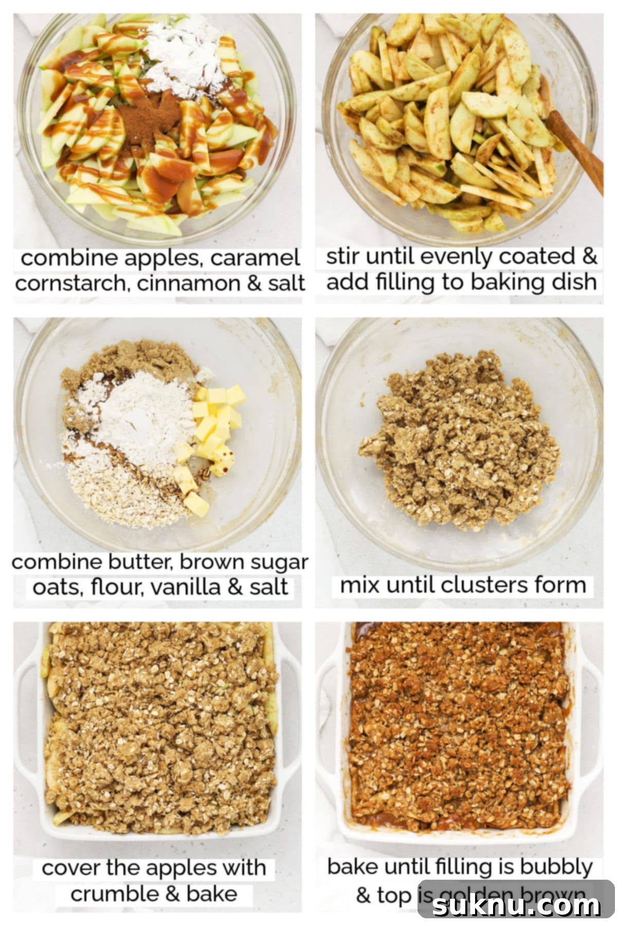 Decadent Gluten-Free Caramel Apple Crisp 4 Step-by-step photos of making gluten-free apple crisp with caramel sauce.