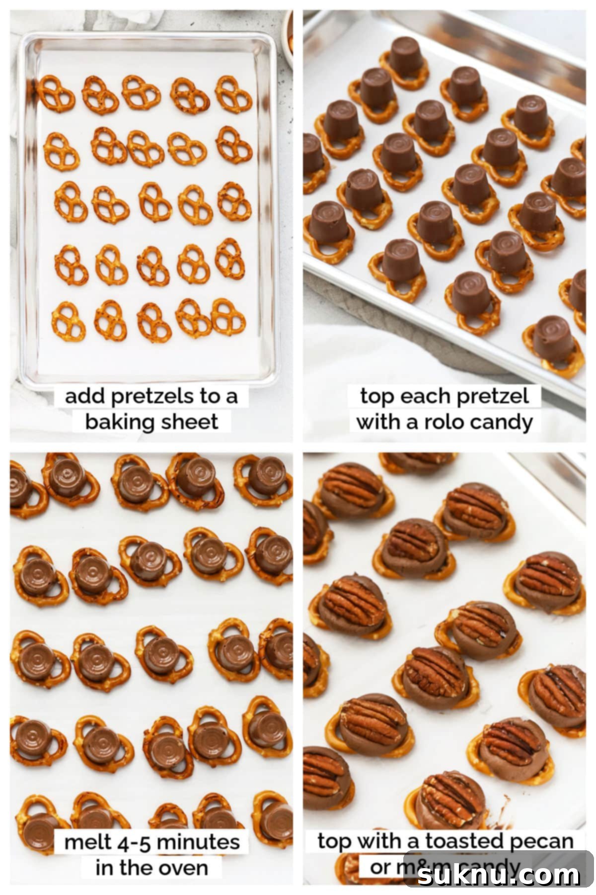 Gluten-Free Rolo Pretzel Turtles 5 A visual step-by-step guide showing the creation of Rolo pretzels, from placement to topping.