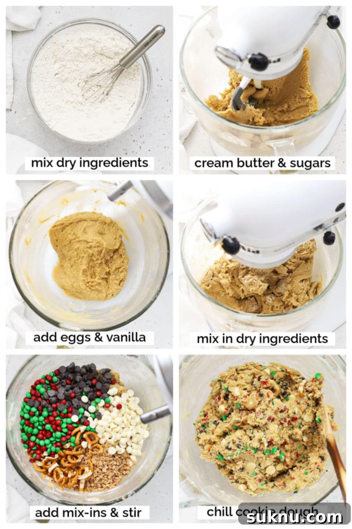 Step-by-step process of making gluten-free Christmas kitchen sink cookies, from dough to baking