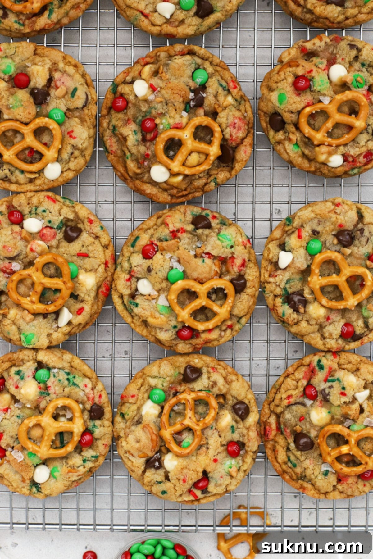 Close-up of freshly baked gluten-free Christmas kitchen sink cookies, showcasing their various colorful mix-ins