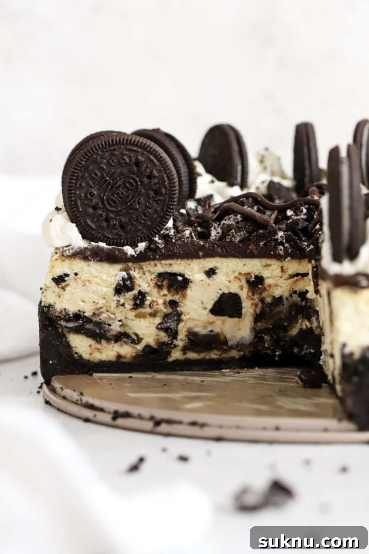Ultimate Gluten-Free Oreo Cheesecake 7 interior of a sliced gluten-free Oreo cheesecake