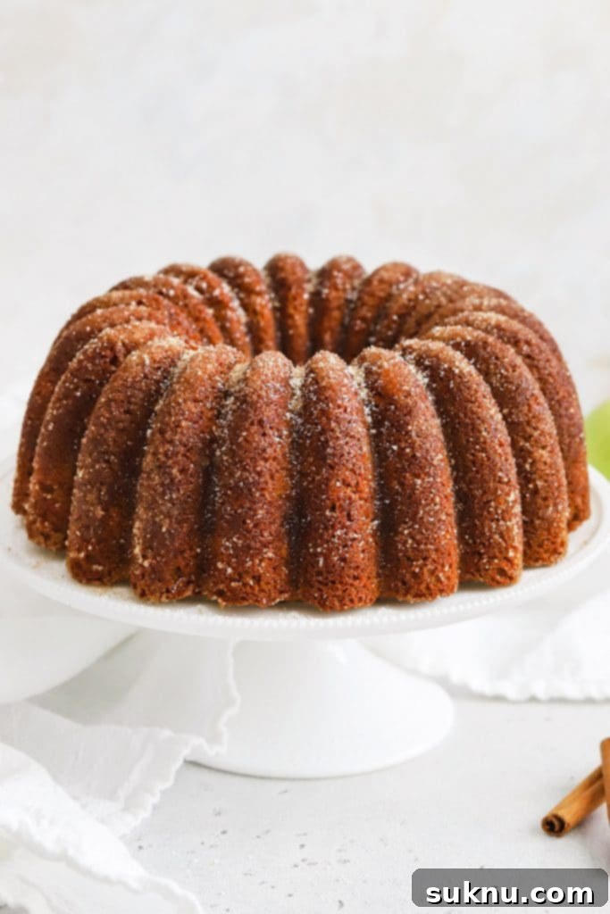 gluten-free apple spice bundt cake with cinnamon sugar on a white cake stand