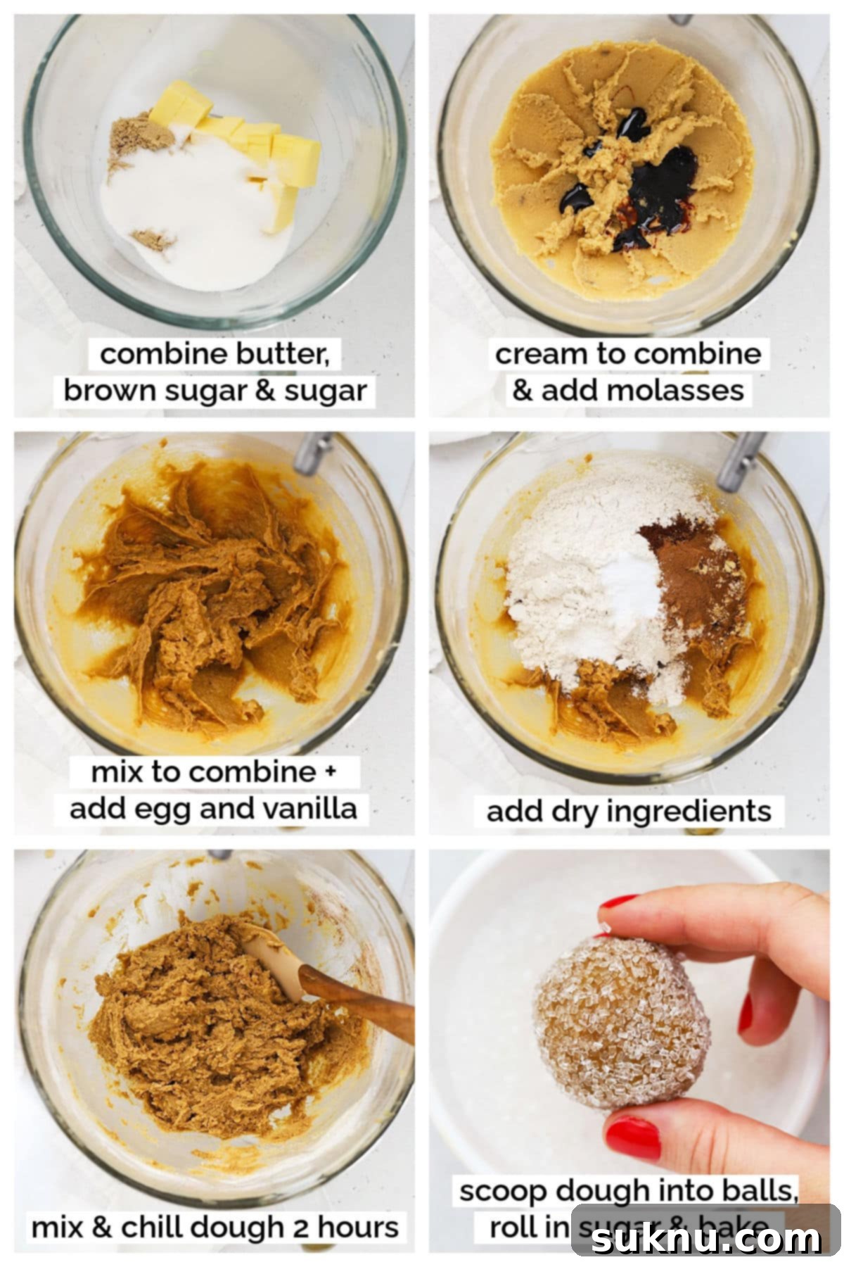 Step-by-step process of making gluten-free molasses cookies, showing dough and ingredients.