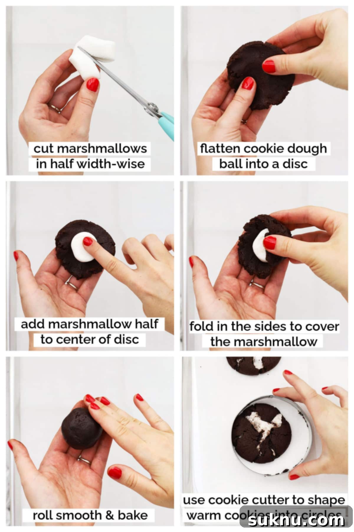 Fudgy Gluten-Free Hot Cocoa Cookies 5 Stuffing gluten-free chocolate cookie dough with marshmallows step by step