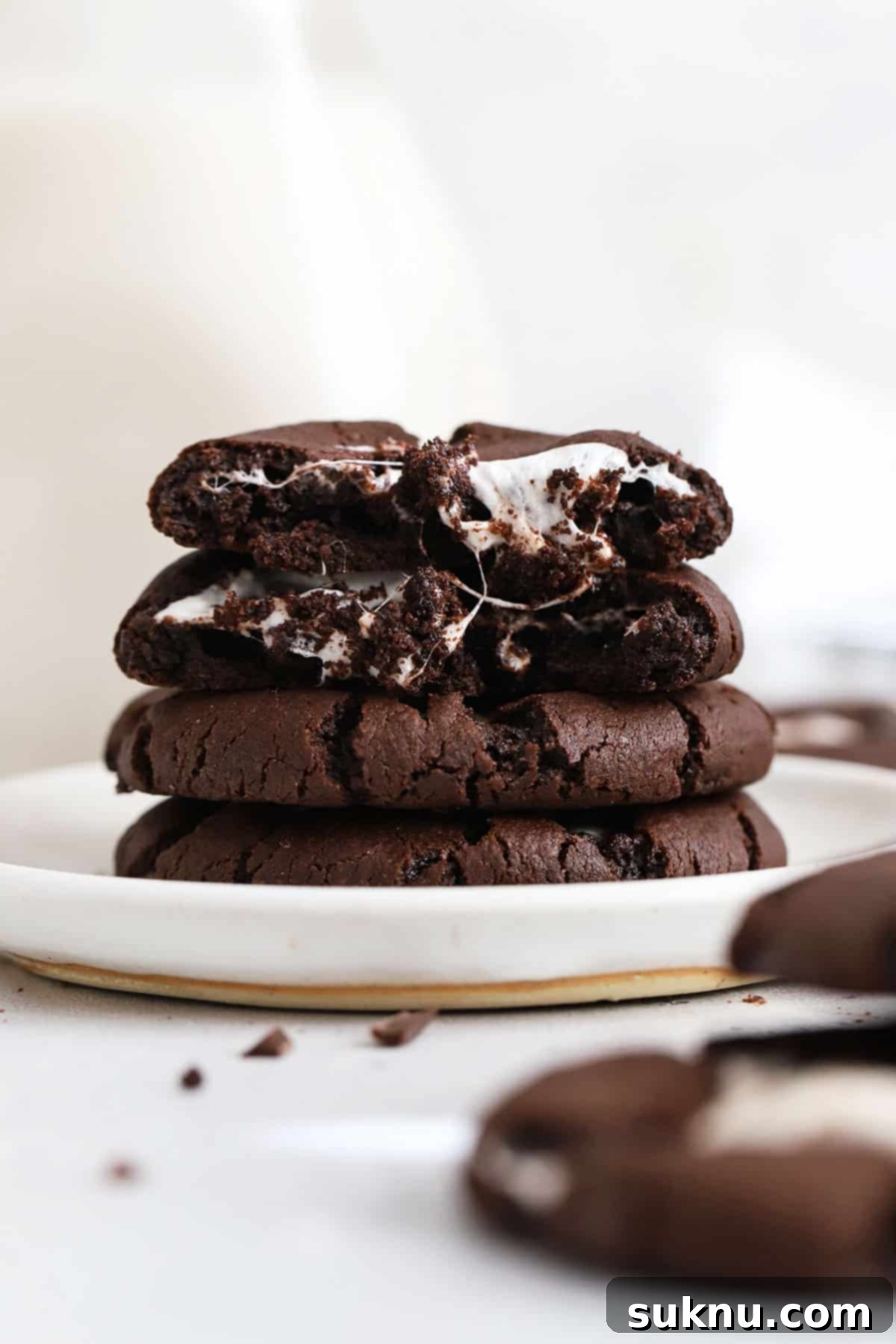 Fudgy Gluten-Free Hot Cocoa Cookies 6 Gluten-free hot chocolate cookies stacked on a white plate