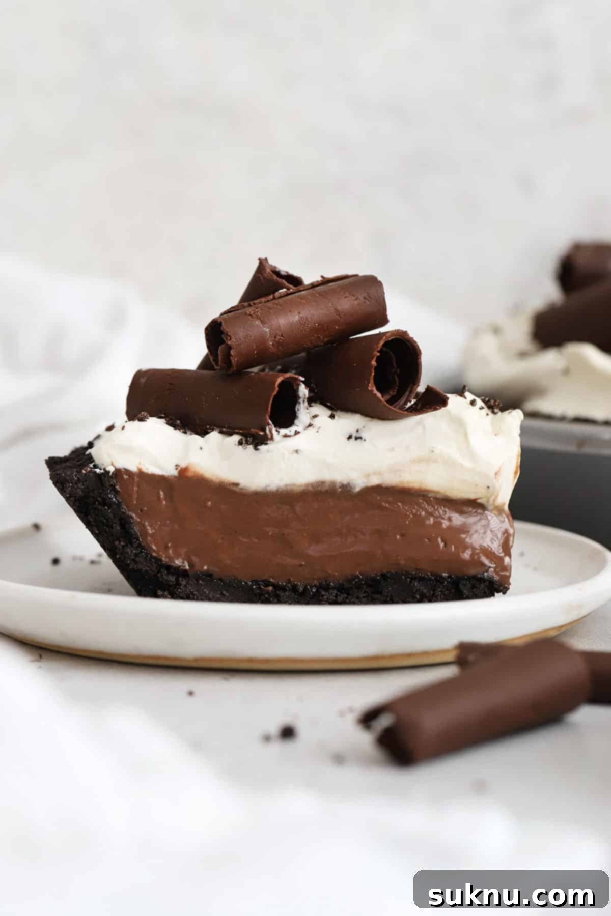 Decadent Gluten-Free Chocolate Pie 2 A perfectly sliced gluten-free chocolate cream pie, showcasing its distinct layers and crowned with whipped cream and delicate chocolate curls.