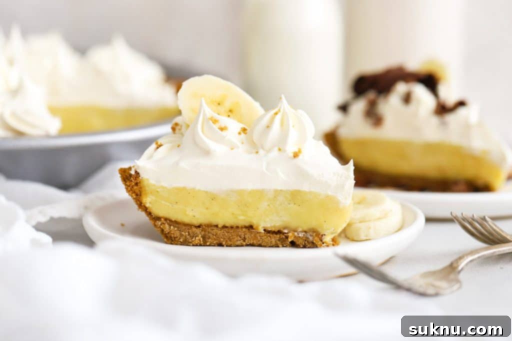 Decadent Gluten-Free Chocolate Pie 11 A tempting front view of a slice of gluten-free banana cream pie, adorned with a swirl of whipped cream and fresh banana slices.