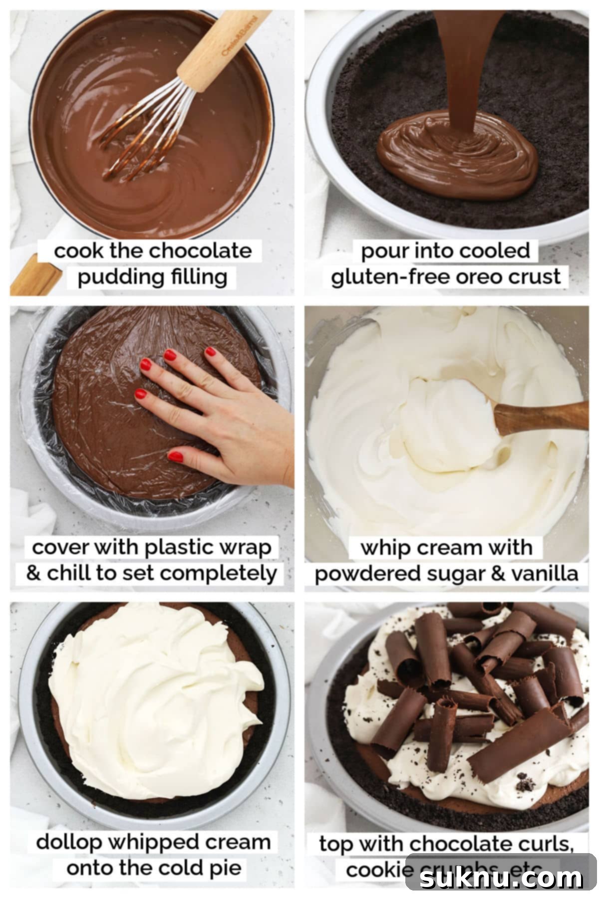 Decadent Gluten-Free Chocolate Pie 5 A step-by-step visual guide showing the process of making gluten-free chocolate pie, from mixing the filling to pouring it into the baked crust.