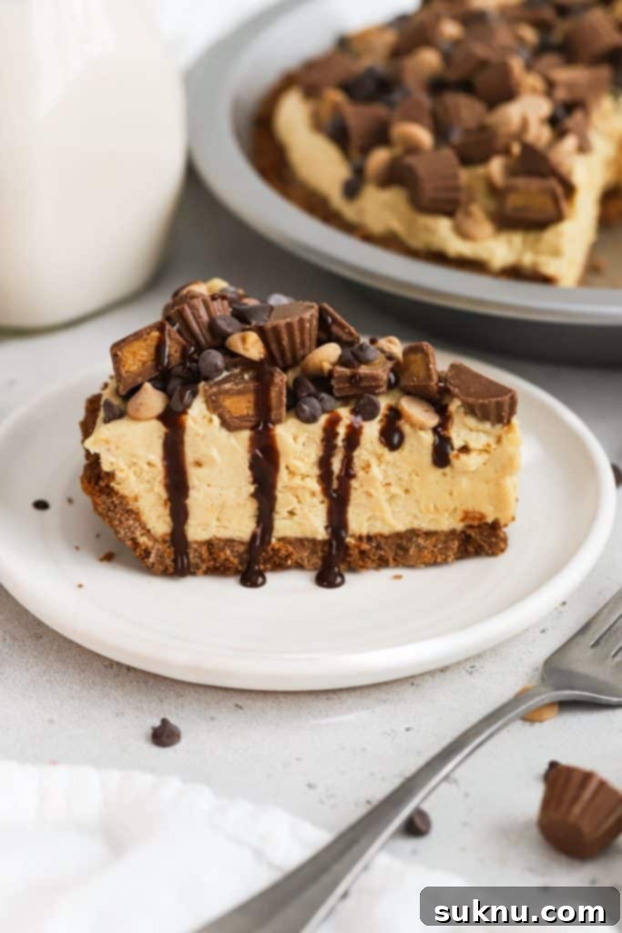 Decadent Gluten-Free Chocolate Pie 8 A delectable slice of gluten-free peanut butter pie, perfectly set on a pristine white dessert plate.