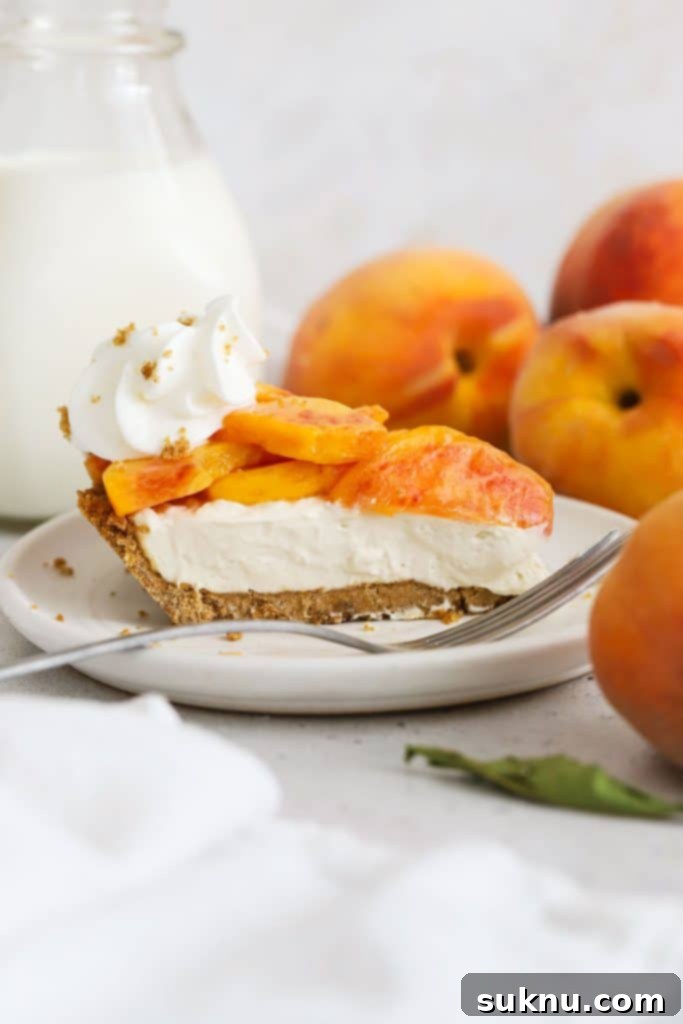 Decadent Gluten-Free Chocolate Pie 10 A delightful slice of gluten-free peaches and cream pie, served on a crisp white dessert plate, showcasing its vibrant fruit and creamy filling.