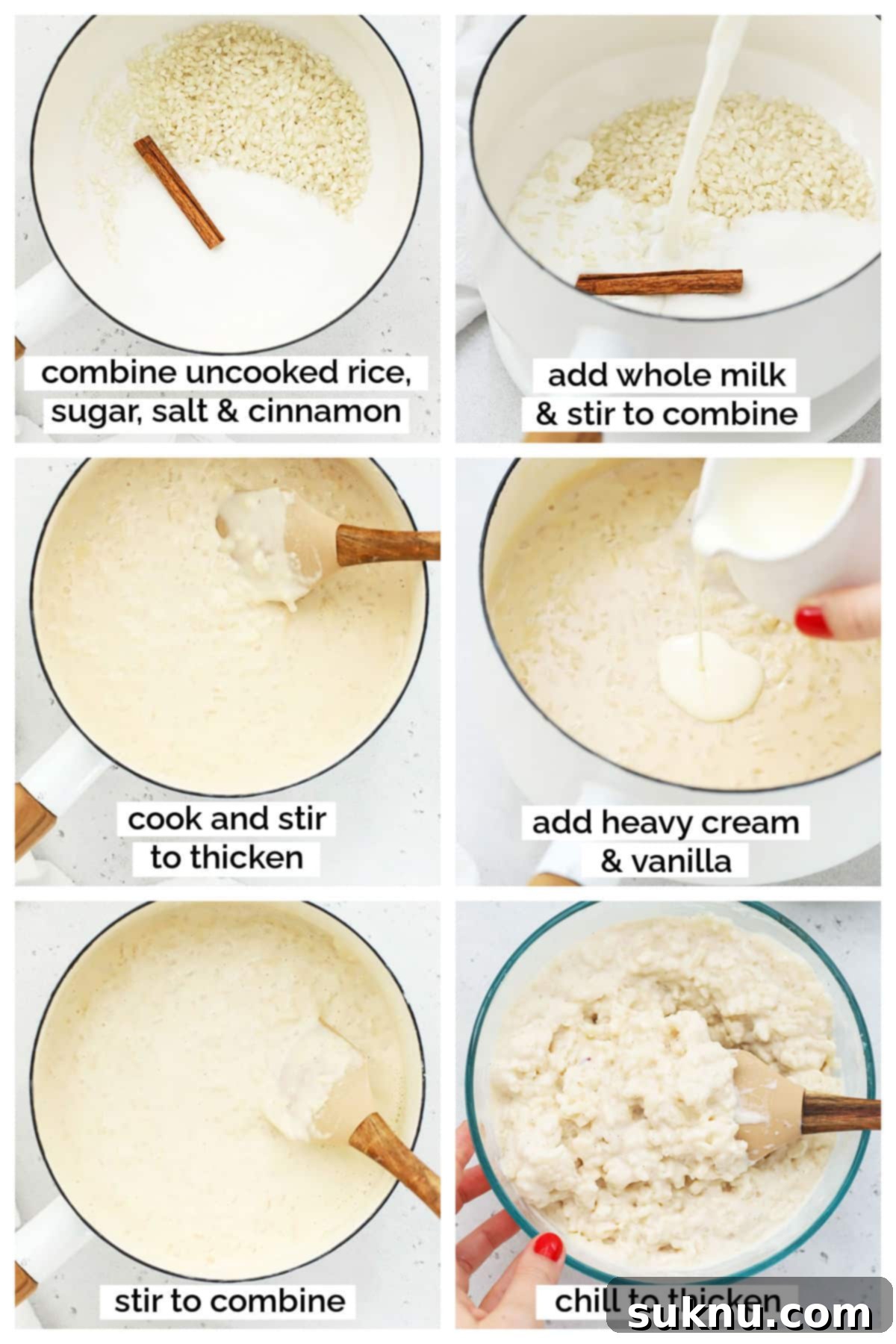 Step-by-step images showing the process of making the rice pudding base for Risalamande.