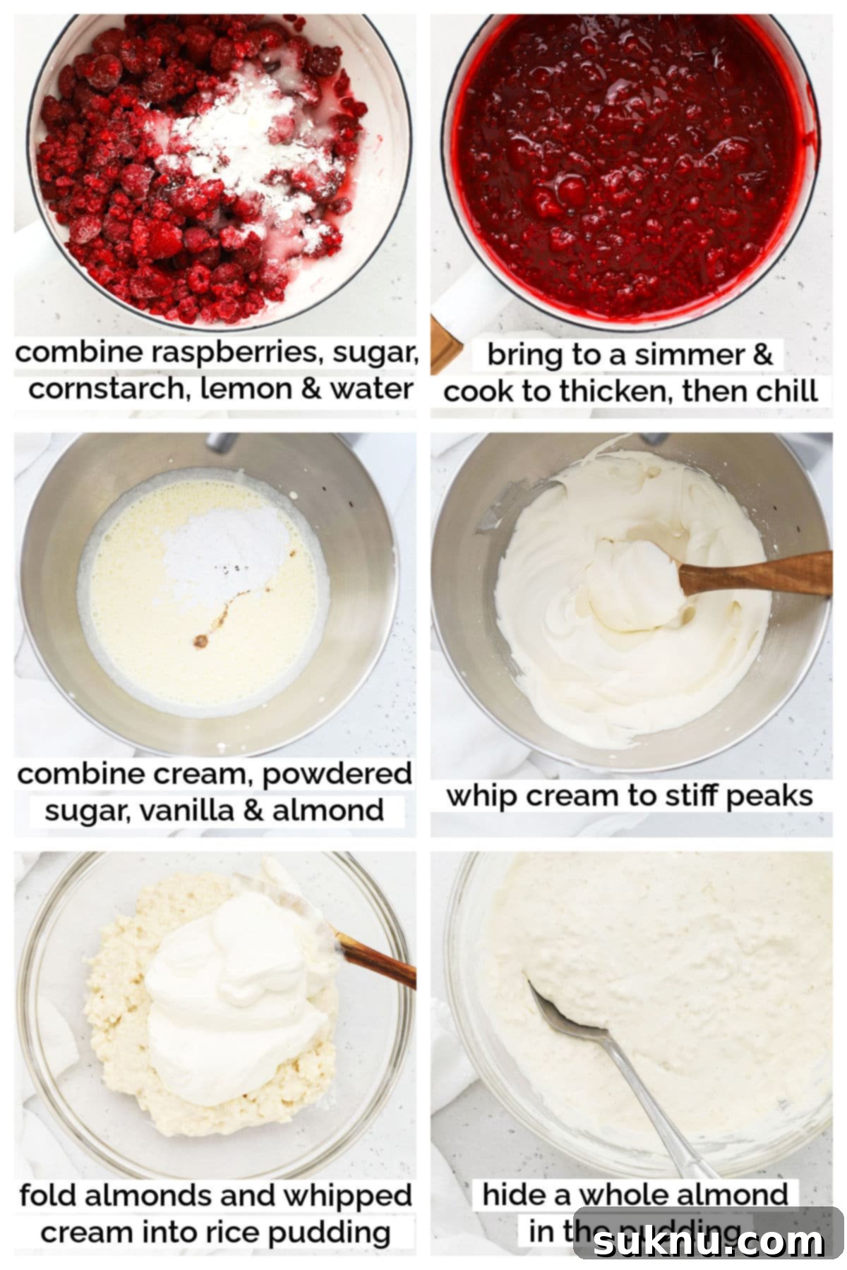 Images demonstrating the steps for making raspberry sauce and assembling the final Risalamande.