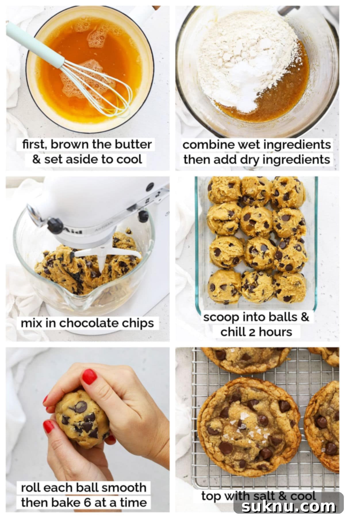 Step-by-step visual guide for making gluten-free brown butter chocolate chip cookies, showing dough preparation.
