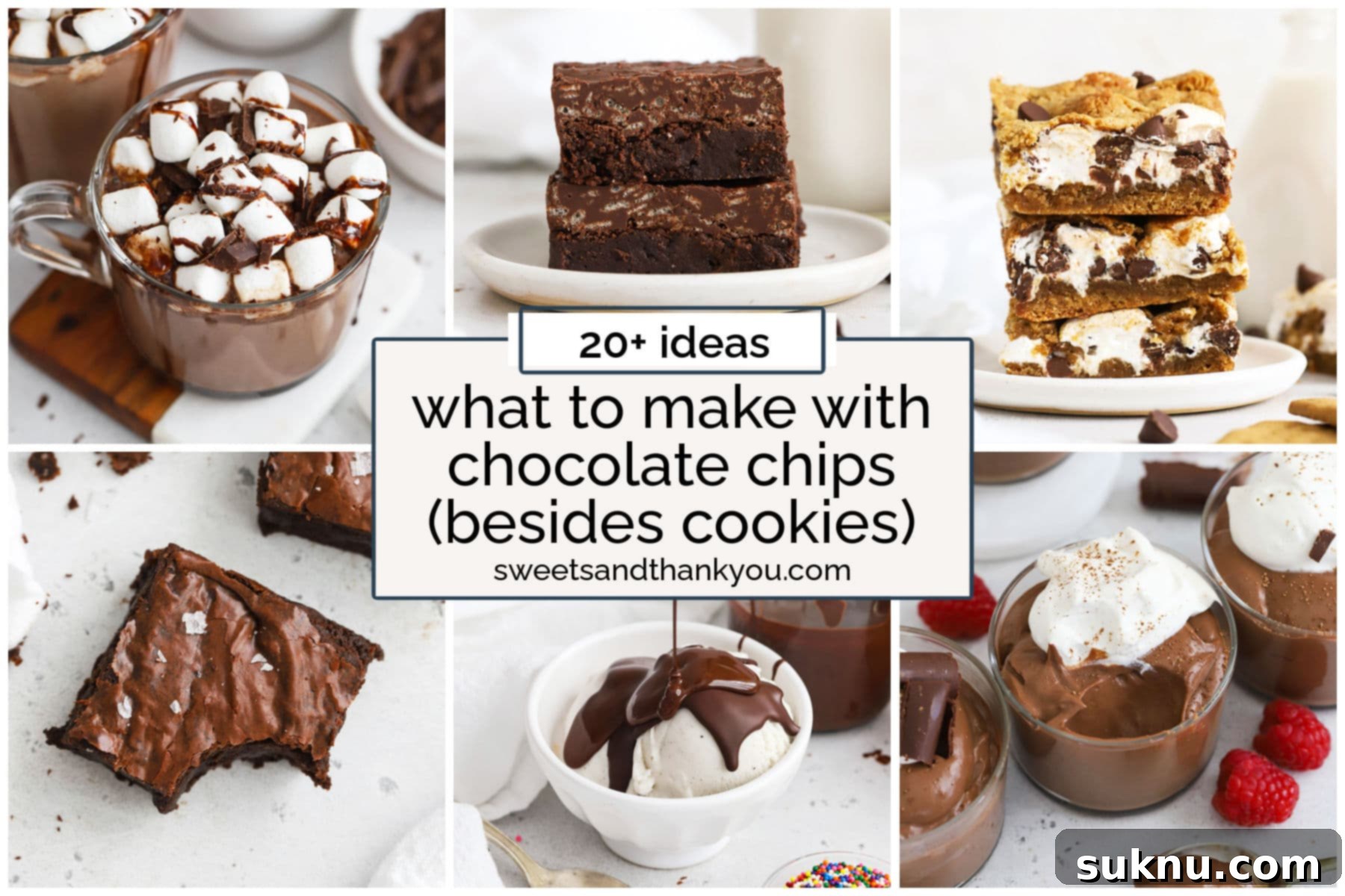 Six different delicious recipes featuring chocolate chips, beautifully arranged to inspire new baking ideas.