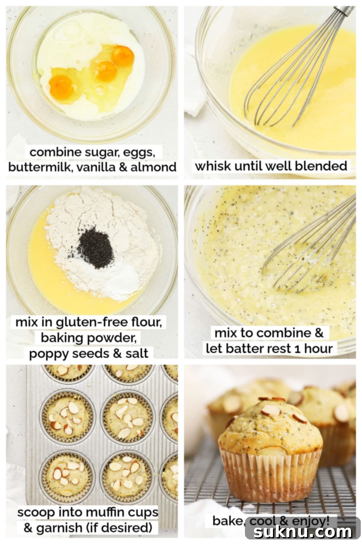 A series of images showing the step-by-step process of mixing and preparing gluten-free almond poppy seed muffin batter, including combining wet and dry ingredients and resting the batter.