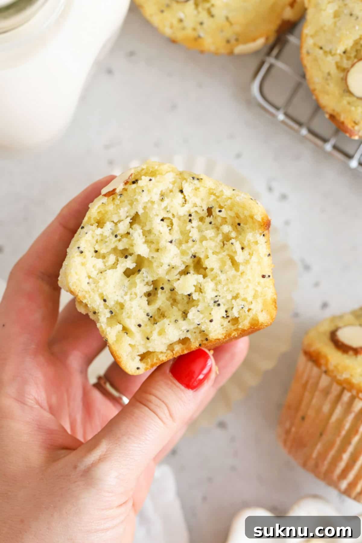 A gluten-free almond poppy seed muffin cut in half, revealing its light, airy, and fluffy interior texture, with visible poppy seeds evenly distributed.