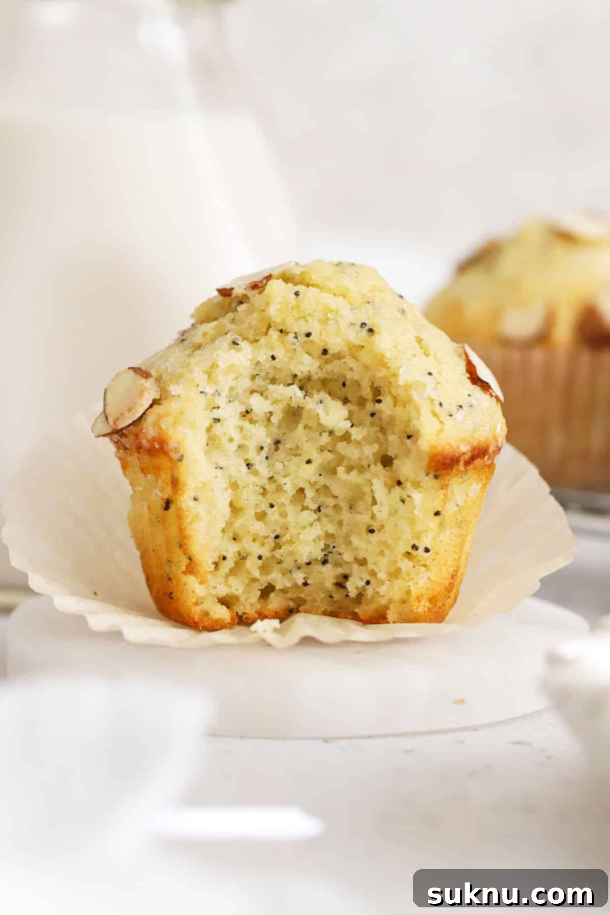 A close-up shot of a gluten-free almond poppy seed muffin with a bite taken out, highlighting its incredibly fluffy and tender crumb.