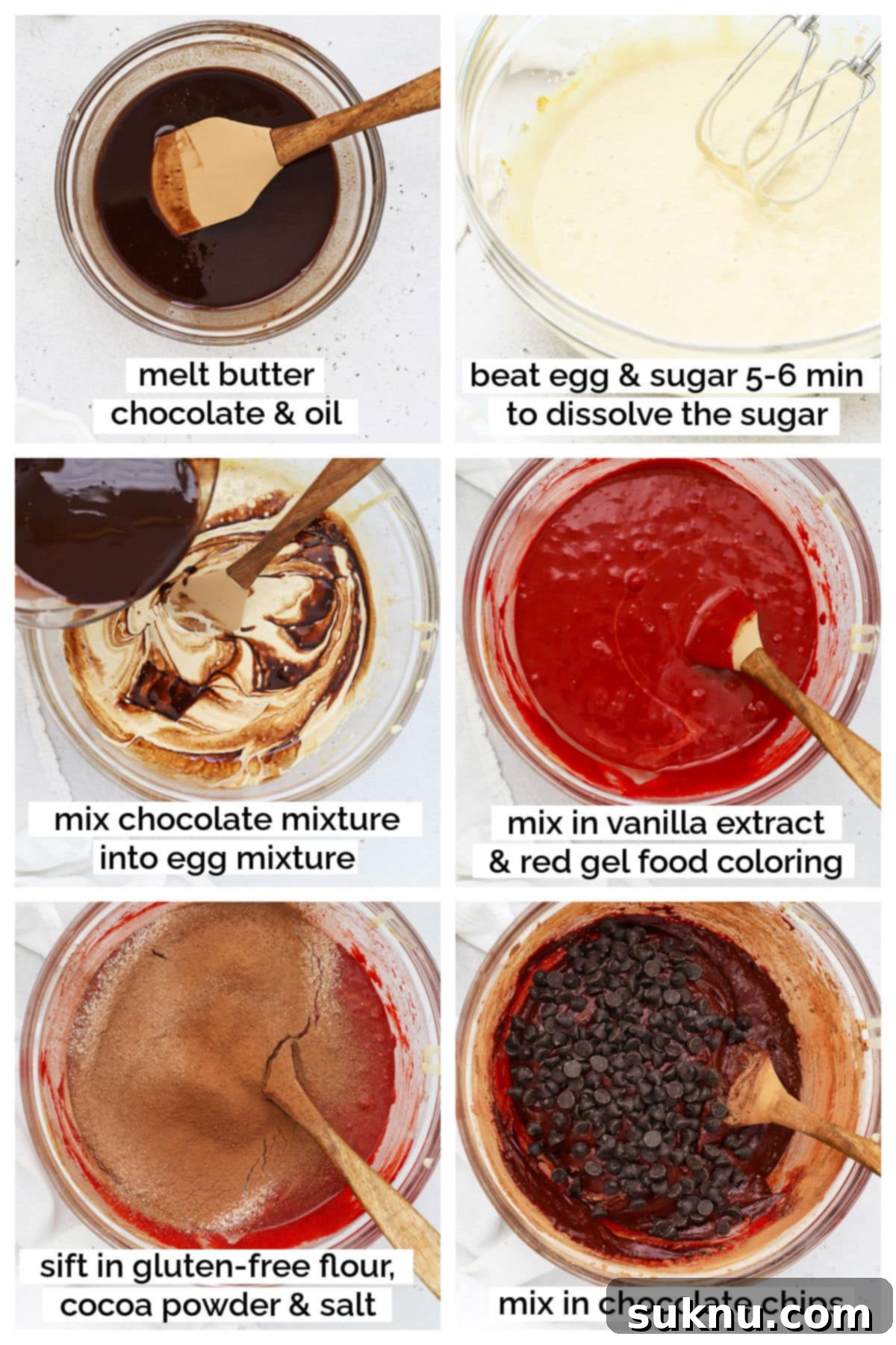 Step-by-step photos illustrating the process of making gluten-free red velvet brownies, from mixing to baking.