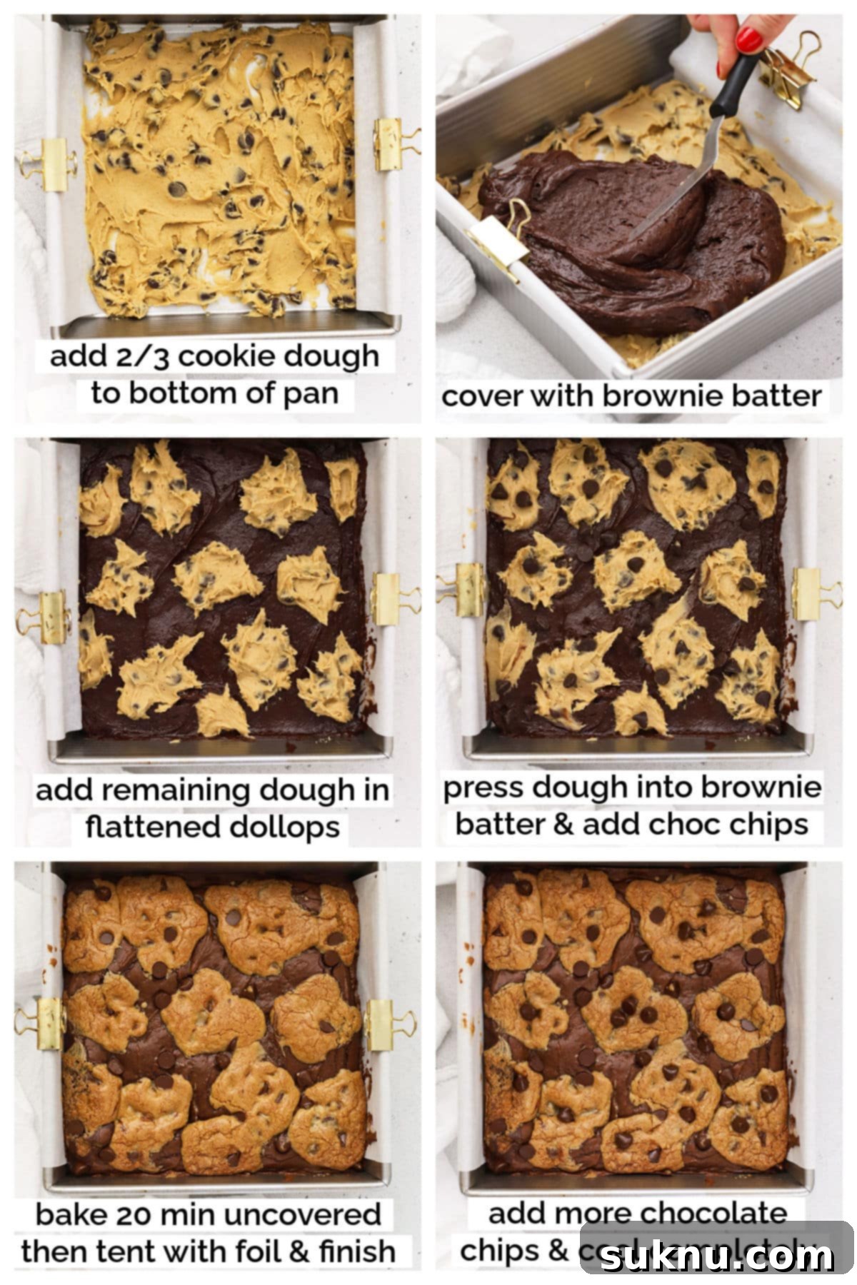 Assembling and baking gluten-free brookies, showing layers before baking